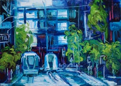 Original oil painting of a blue and green city, Painting, Oil on Canvas
