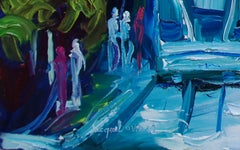 Original oil painting of a blue and green city, Painting, Oil on Canvas