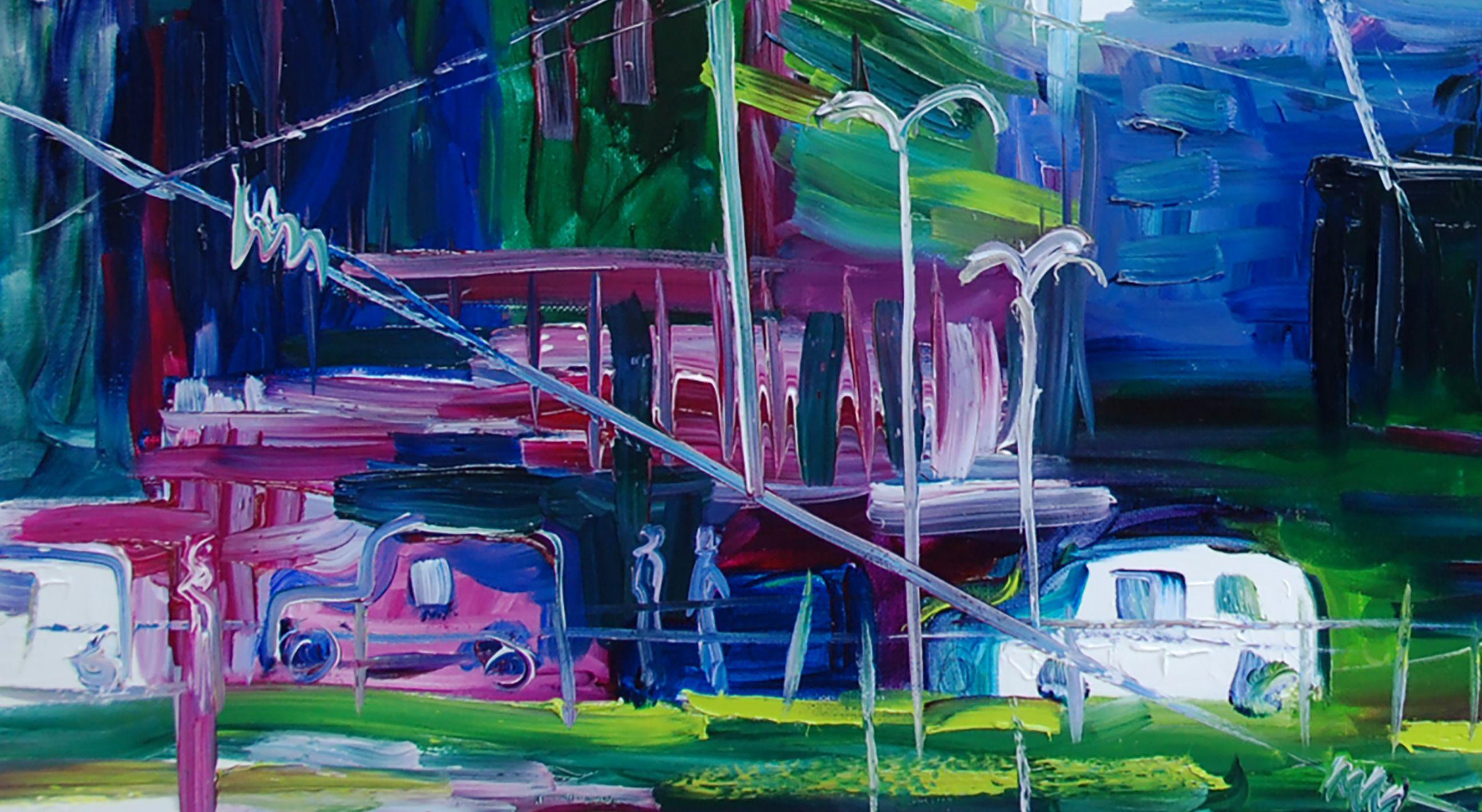 Original oil painting of a modern city. It is an oil painting painted with spontaneous, firm and energetic traits with bright colors. It's a modern representation of a bridge with cars in town. :: Painting :: Modern :: This piece comes with an