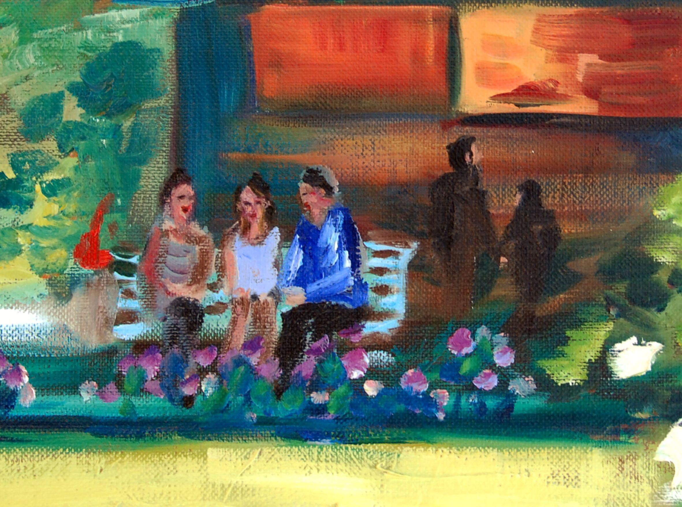 Dipinto a olio originale di camminatori. Olio su tela di tre persone sedute all'ombra su una panchina in un giardino pubblico in Francia. Pittura con toni verdi e gialli. I bordi dei dipinti sono dipinti. :: Pittura :: Impressionista :: Questo pezzo