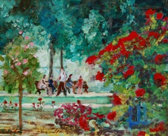 Oil on canvas of walkers in a public garden, Painting, Oil on Canvas