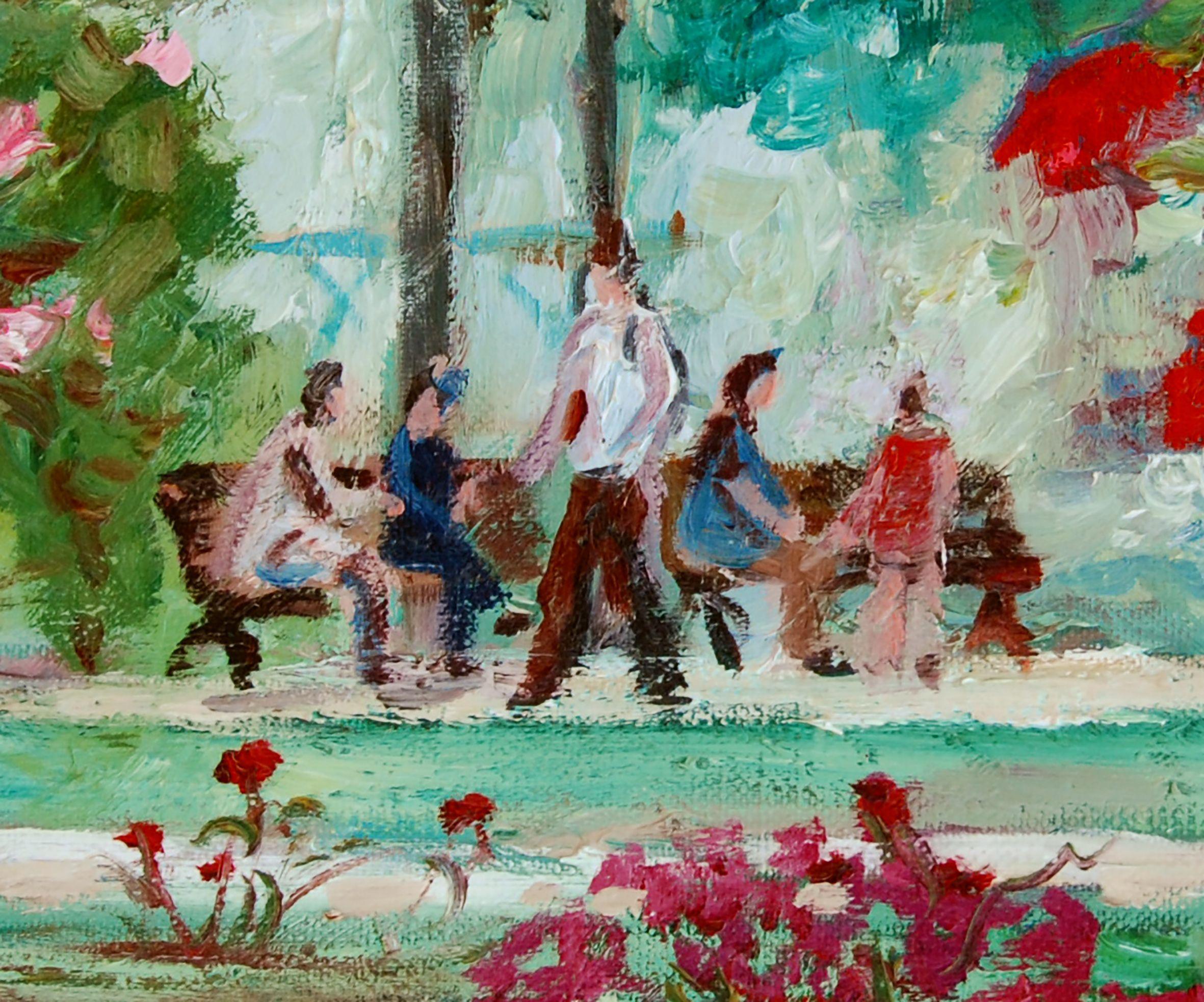 Olio su tela di passeggiatori in un giardino pubblico, Pittura, Olio su tela in vendita 1