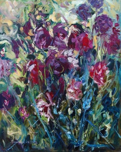 Original oil painting of purple flowers, Painting, Oil on Canvas