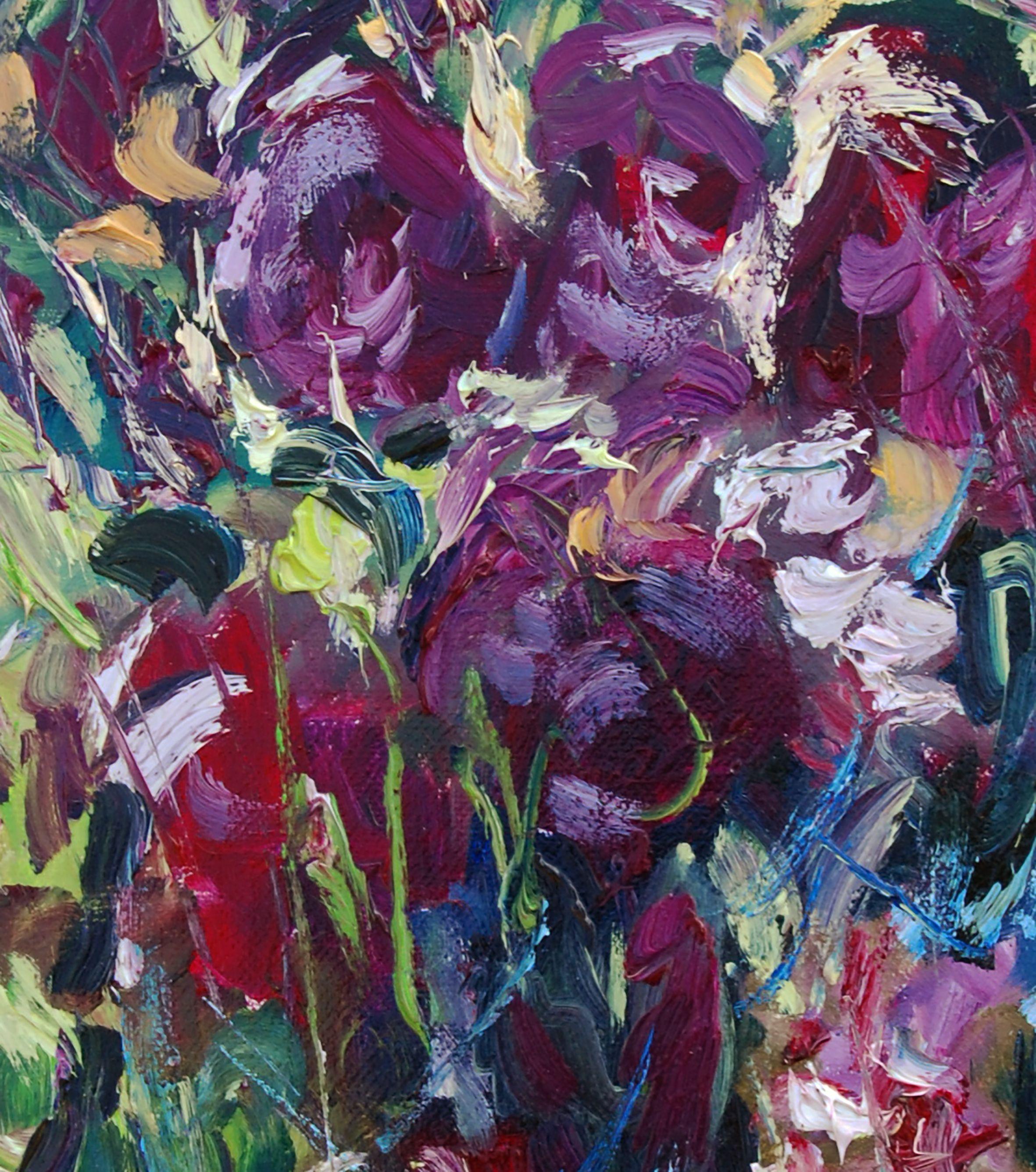 Original oil painting of purple flowers. Oil on canvas of dalias. Painting on the pattern. Outdoor painting. I painted this oil after a summer afternoon, it was hot and the flowers were beautiful. I really had a lot of fun that day. The edges of the