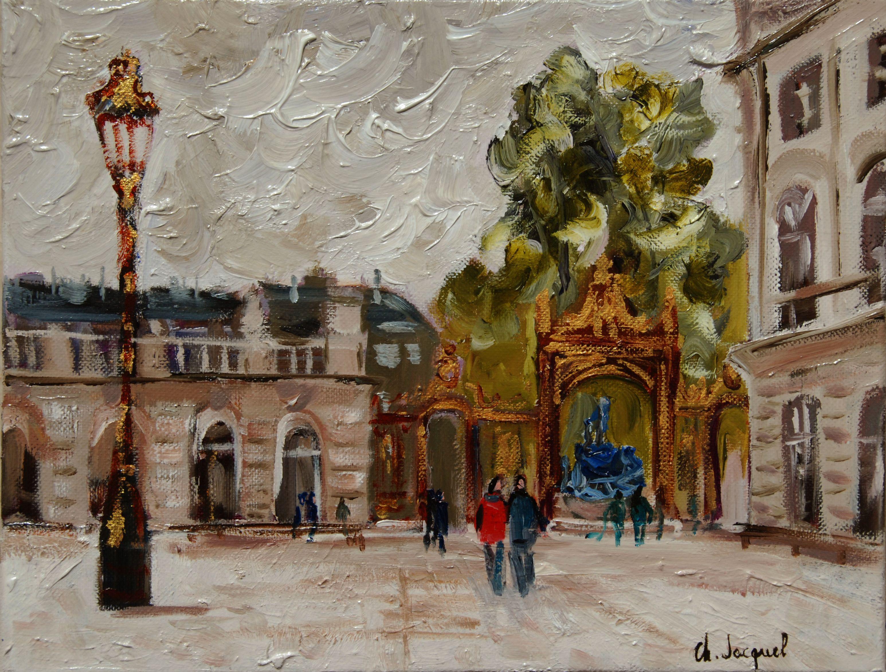 Original oil painting of the place Stanislas on the side of the fountain Amphitrite.I gave thick my brush strokes in the sky to give him life. It is a painting in neutral tones. Oil painting on canvas stretched on frame, painted with professional