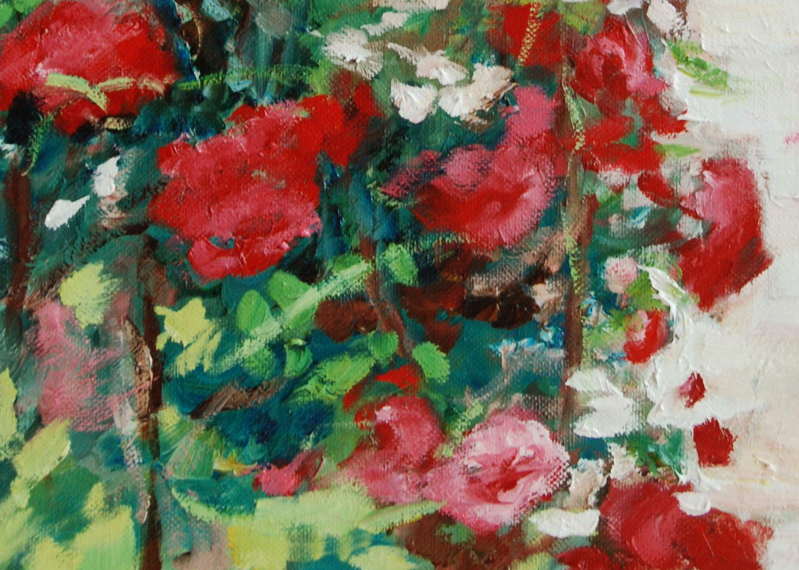 Original oil painting on canvas of walkers in a public garden in France during flowering roses, people sitting on a bench. Painting the rose garden in a public garden in Nancy. :: Painting :: Impressionist :: This piece comes with an official
