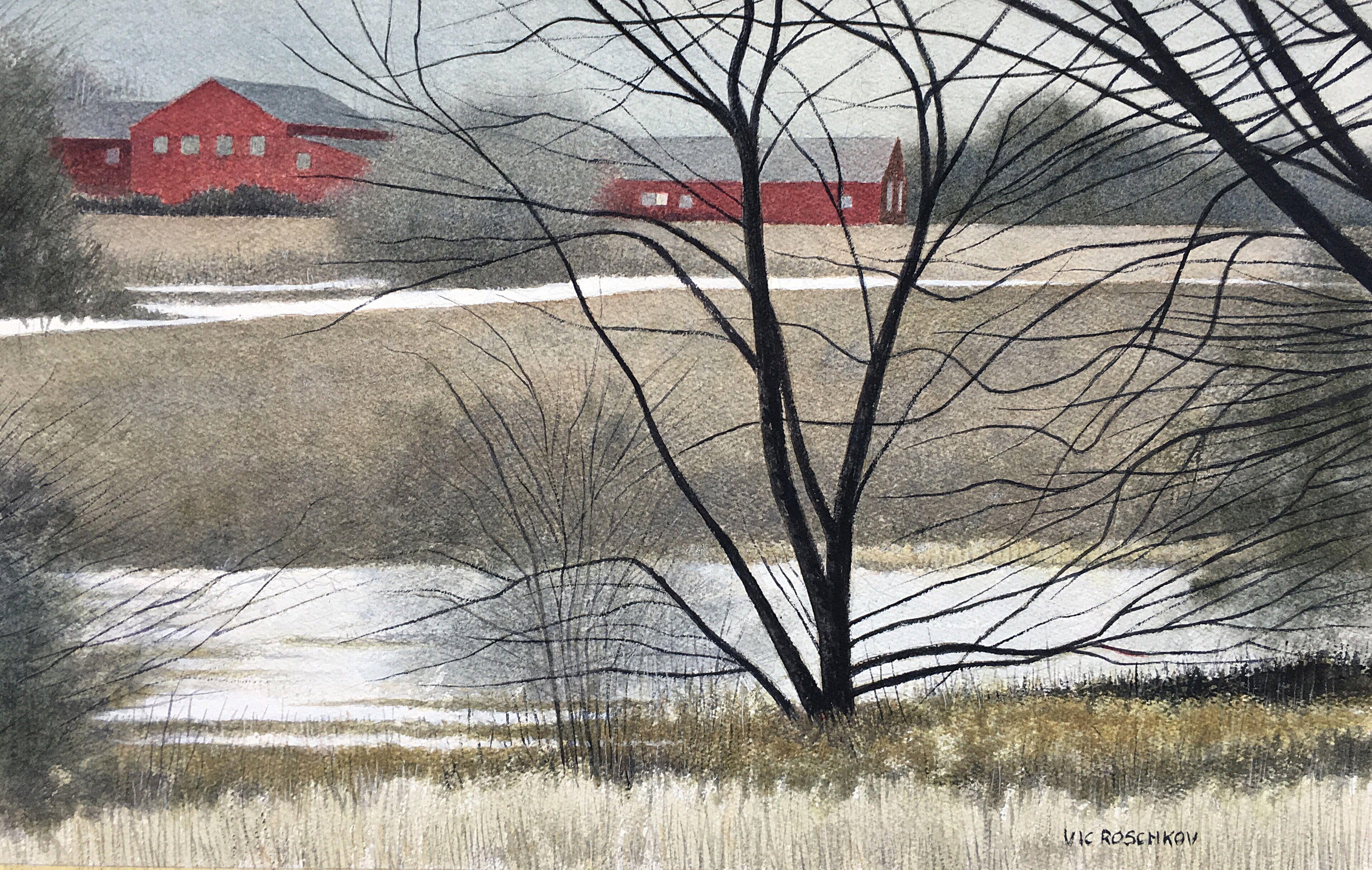 Red Barns, Painting, Watercolor on Watercolor Paper - Art by Victor Roschkov