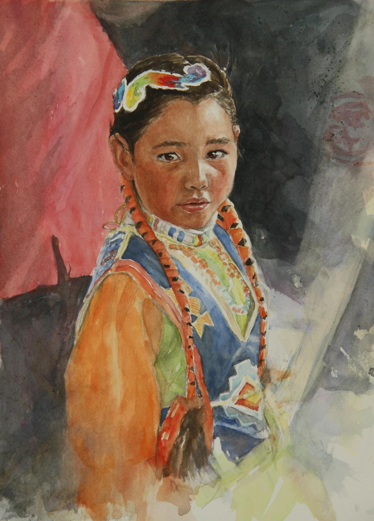 Orange Braids, Painting, Watercolor on Watercolor Paper