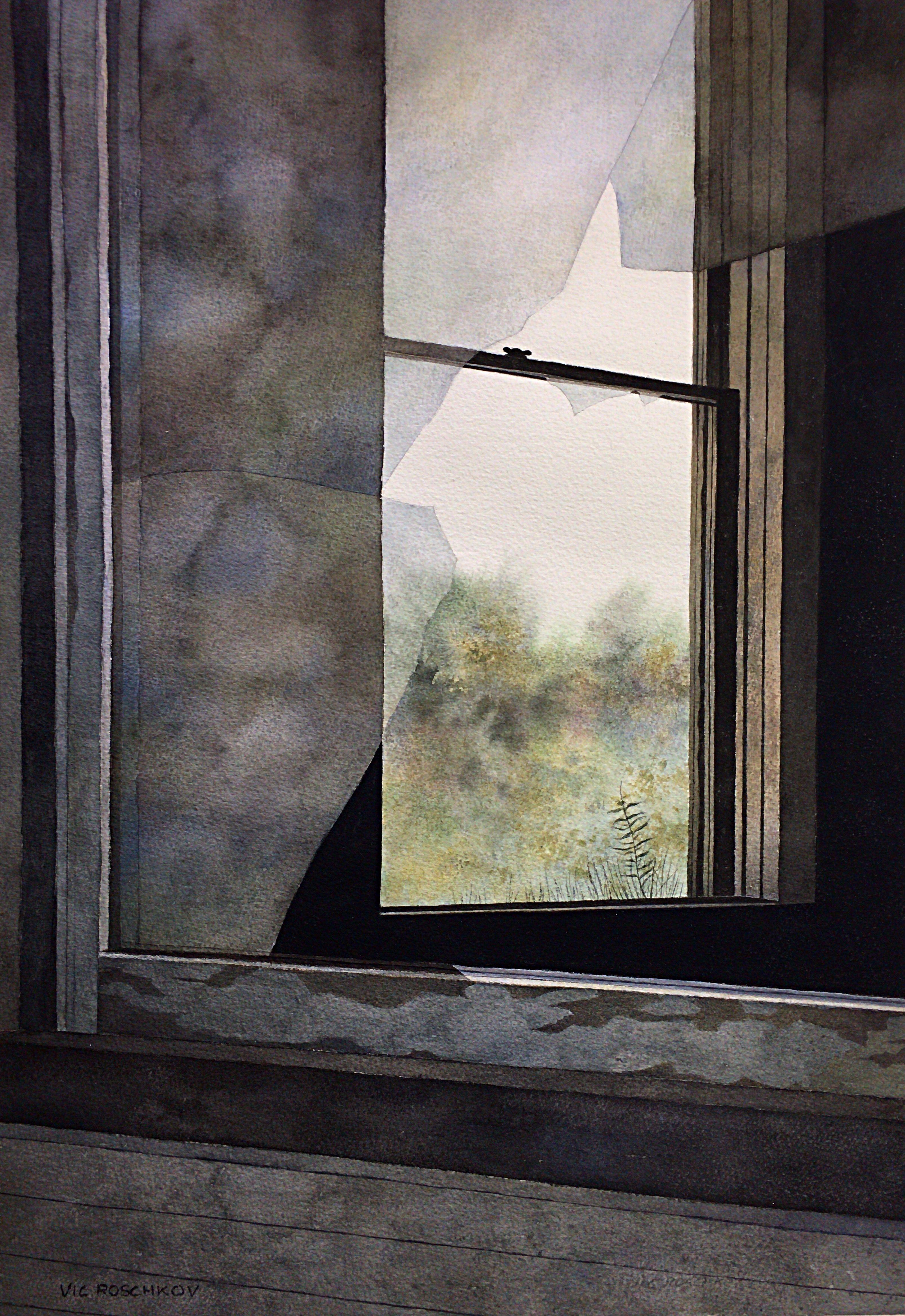 Broken Windows, Painting, Watercolor on Watercolor Paper - Art by Victor Roschkov