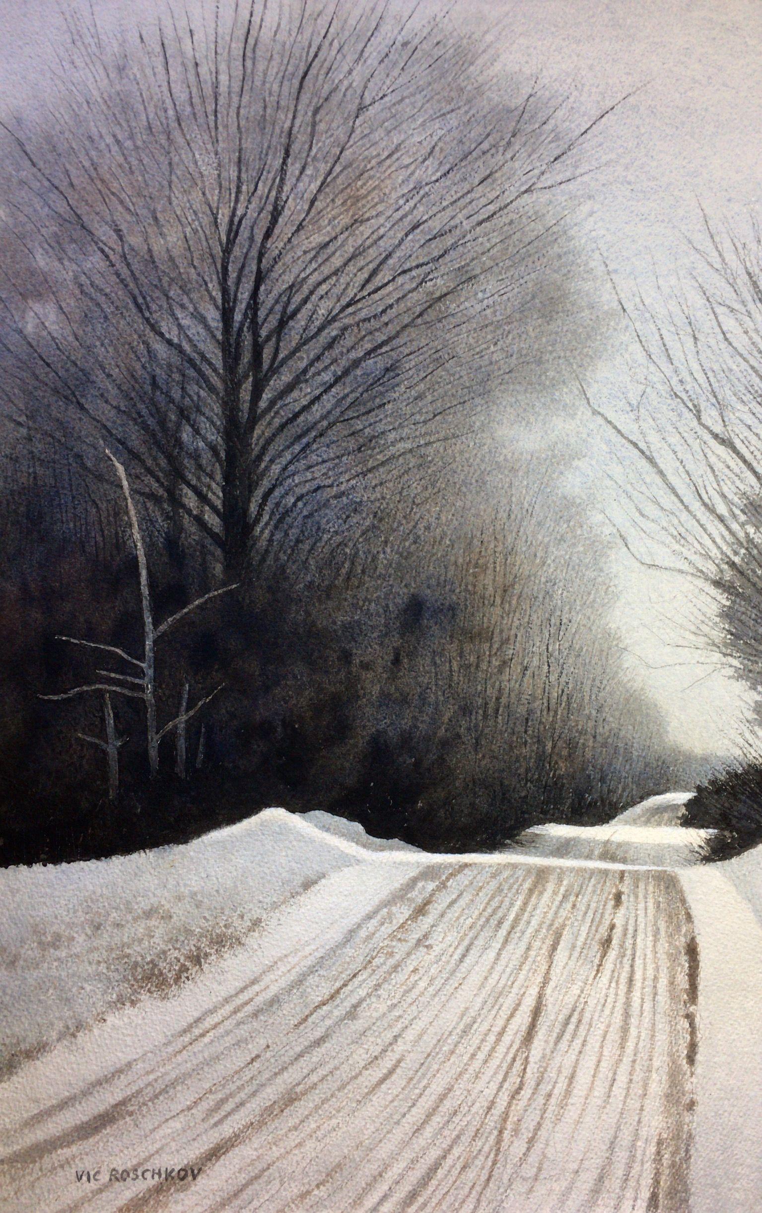 Winter Road, Painting, Watercolor on Watercolor Paper - Art by Victor Roschkov