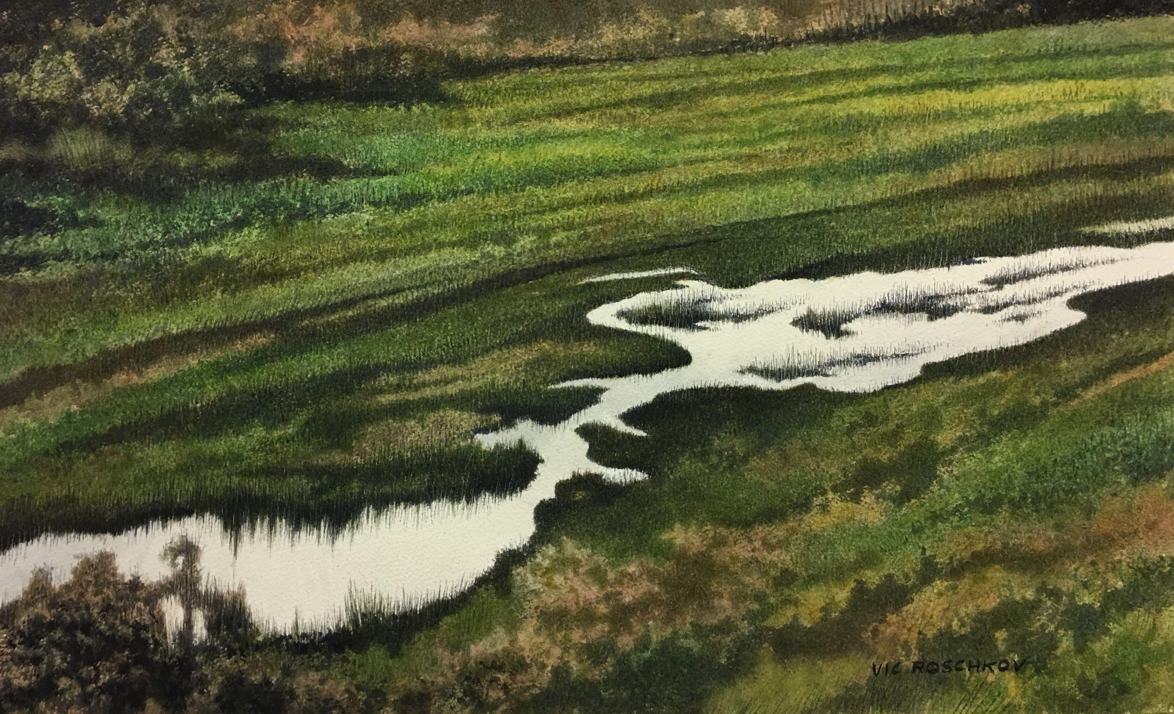 Überflussender Fluss, Gemälde, Aquarell auf Aquarellpapier – Art von Victor Roschkov