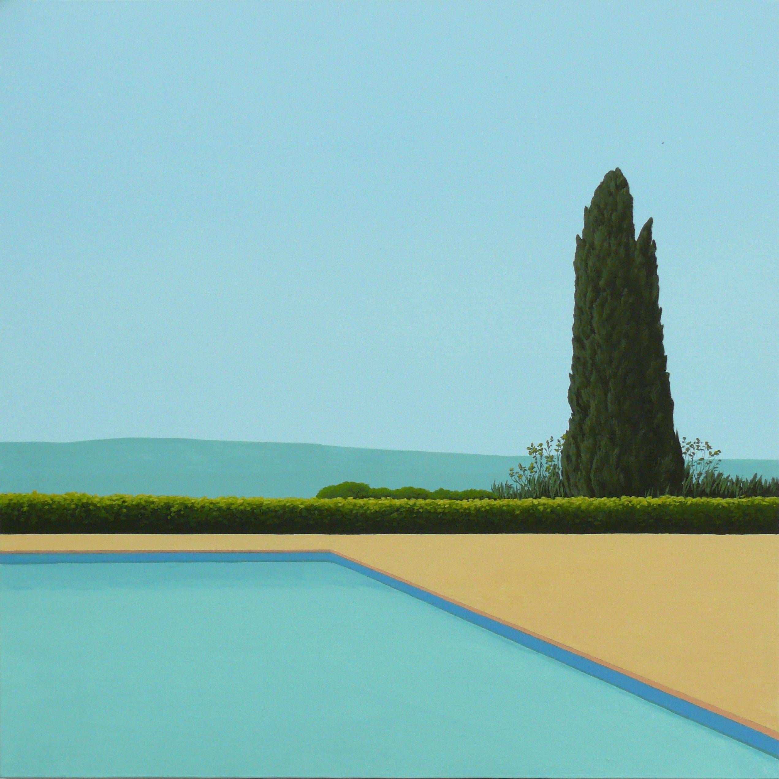 Magdalena Laskowska Landscape Painting - Cypress tree by the pool