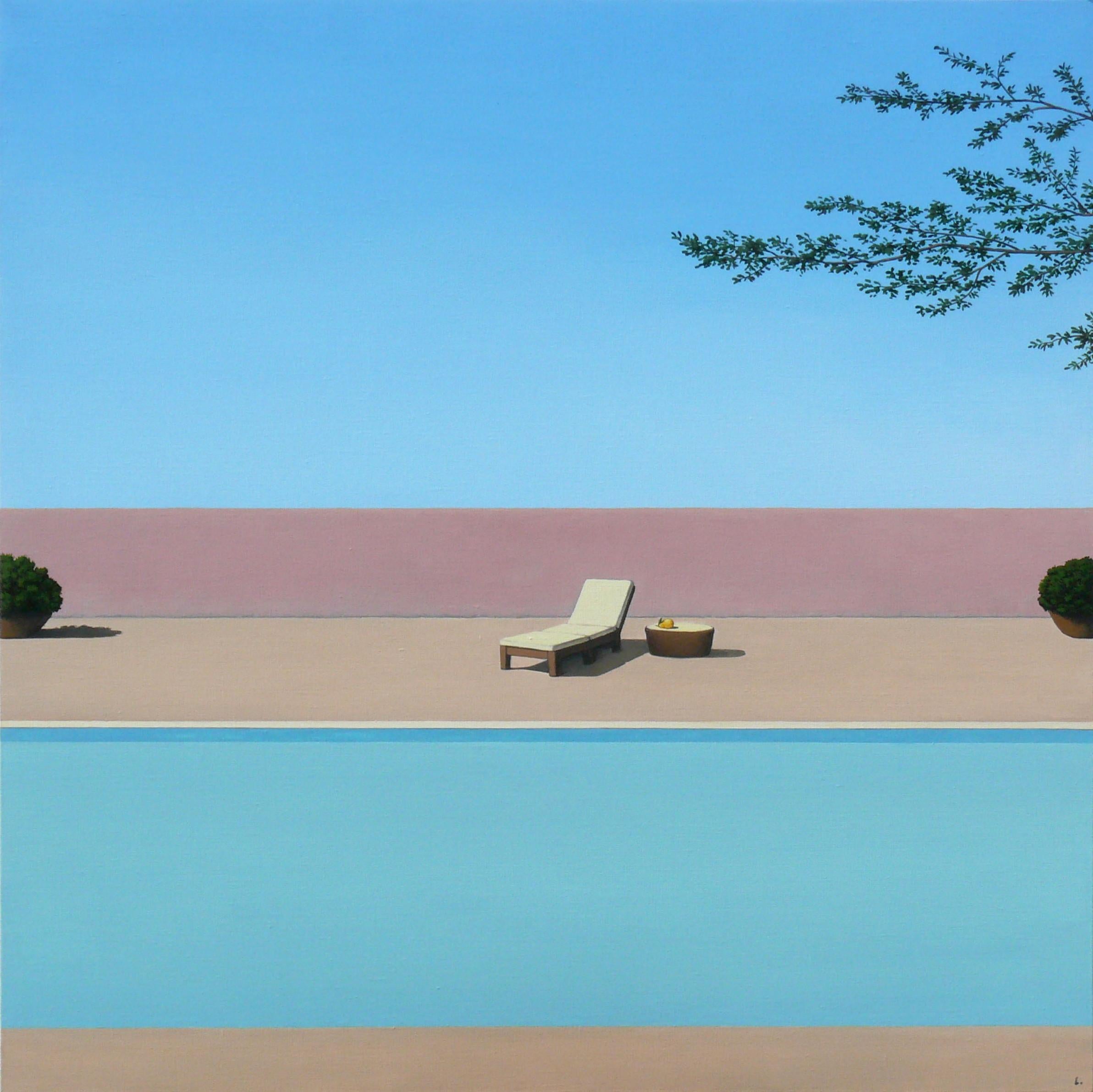 Pool with a pear - Blue Landscape Painting by Magdalena Laskowska
