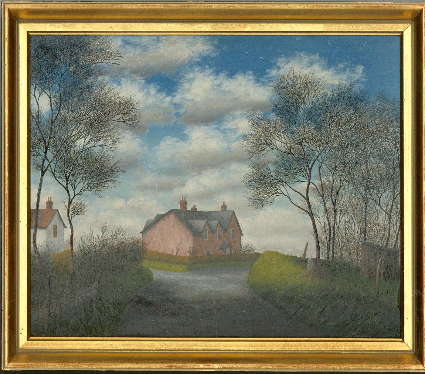 An energetic and bright oil painting from Broad. The eye is drawn through the bare trees, down the path and to the alluring pink house in the centre.

The piece is well presented in a tilted wooden frame.

Attached to the back is a label stating the
