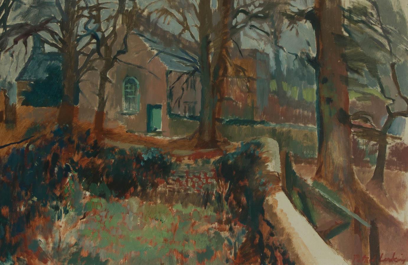 A deft and atmospheric oil showing a walled path running behind a house, surrounded by trees. With bare branched trees and a warm, earthy palette the painting seems to be set in late Autumn. The confident composition and assured brush strokes