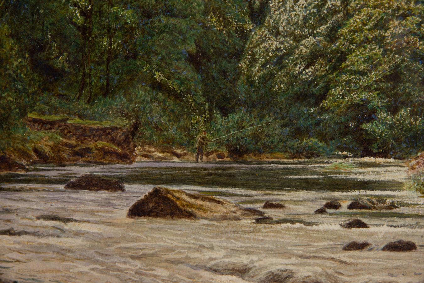 A particularly fine watercolour landscape by the British artist William Eden. Eden has masterfully captured an expansive river scene with lush green trees lining the water's edge. A fly fisherman can be picked out in this distance and the backdrop