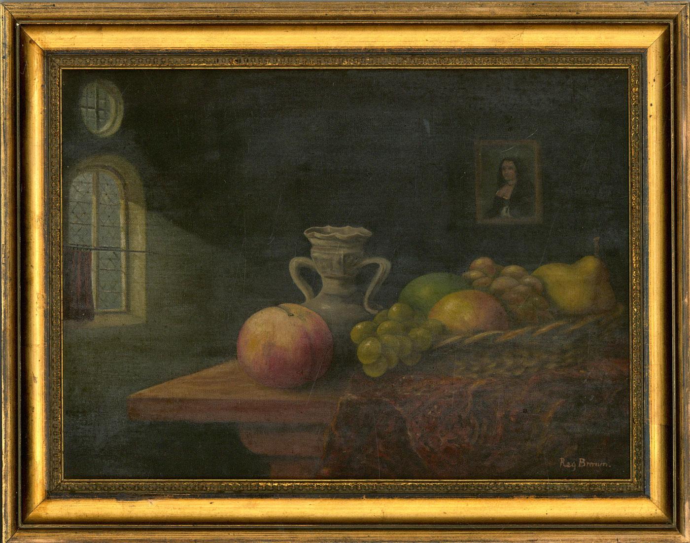 An intriguing still life composition of fruits on a wooden table in a dark interior setting, with a portrait of a female figure in the distance. By applying the chiaroscuro technique, the artist was able to clearly attract attention to its main