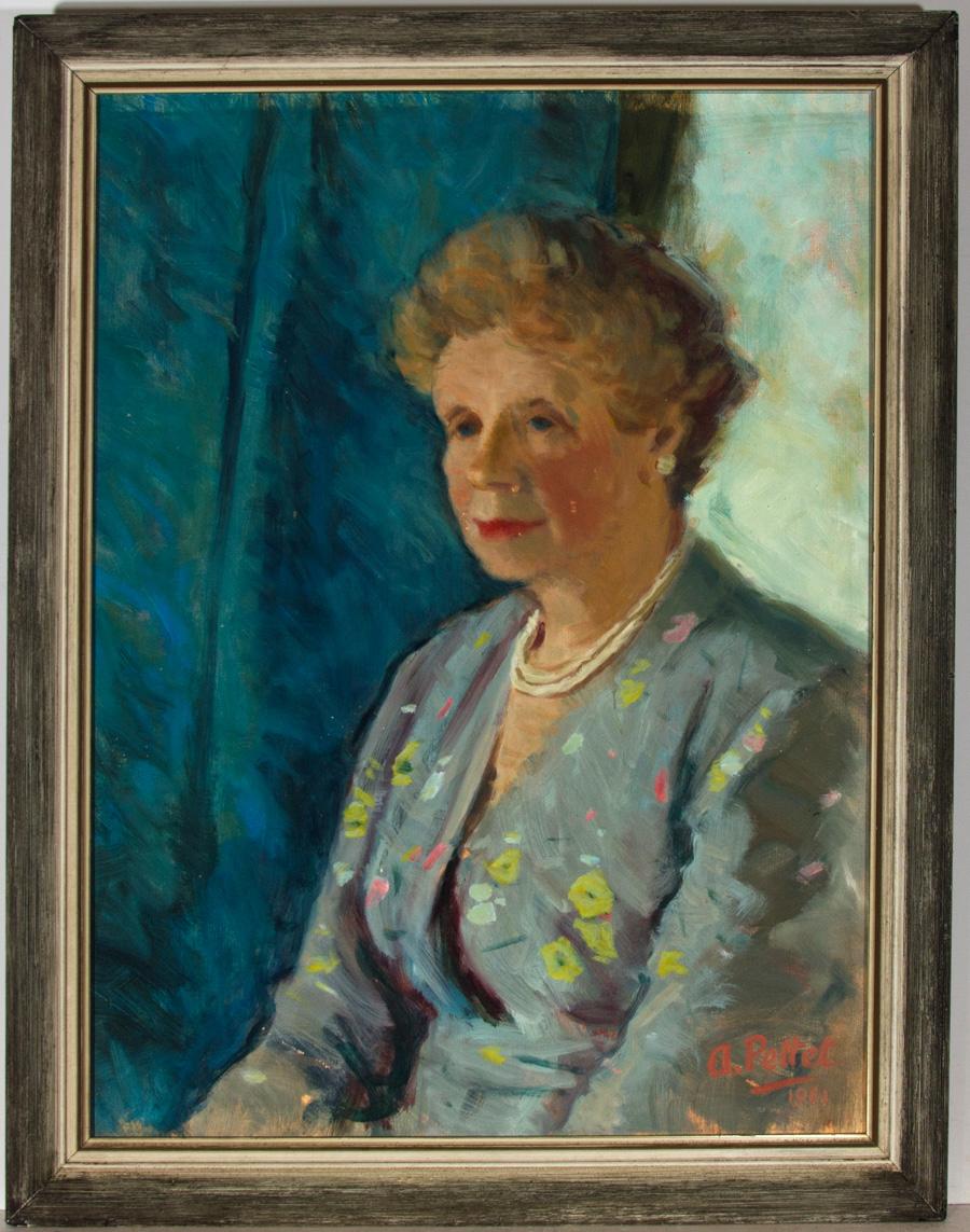 A delightful study of a lady. She is depicted wearing a fine pearl necklace and floral dress. Well presented in a vintage effect frame. With label to the reverse from Combridge Framers, Dublin. Signed. On board.
