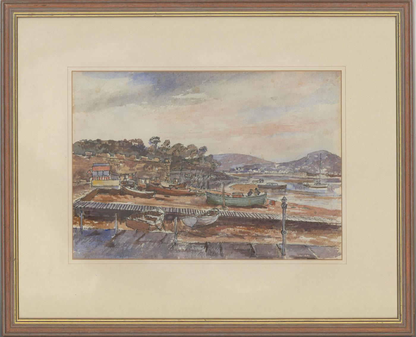 A finely detailed colourful watercolour with pen and ink details, depicting the harbour at Conwy, North Wales, by the listed artist Alfred Burgess Sharrocks PRCamA (1919-1988). Well-presented in a wooden frame with gilt detail. Inscribed on the