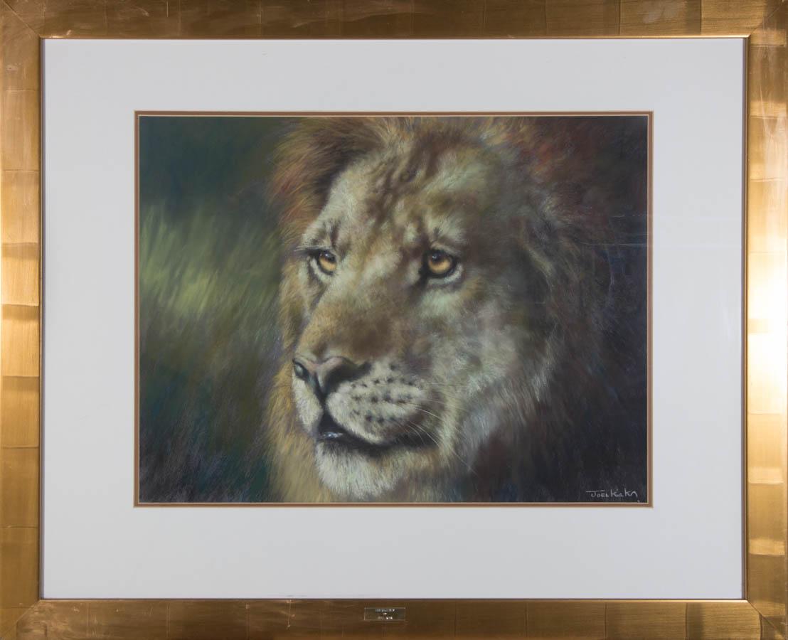 A proud Lion surveys the horizon in this photo-realistic pastel study.

Well presented in a gilded wood frame with a double mount board.

Signed in the bottom right-hand corner and inscribed on the frame.

On wove.