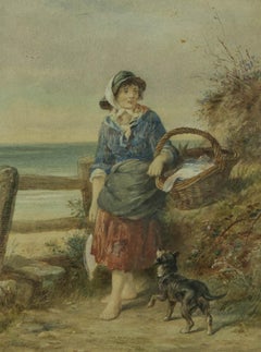 James Drummond RSA (1816-1877) - 1877 Watercolour, Girl with Fish Basket