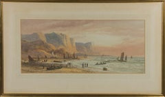 Antique L. Lewis - 1900 Watercolour, Boats Heading Out To Sea At Sunrise
