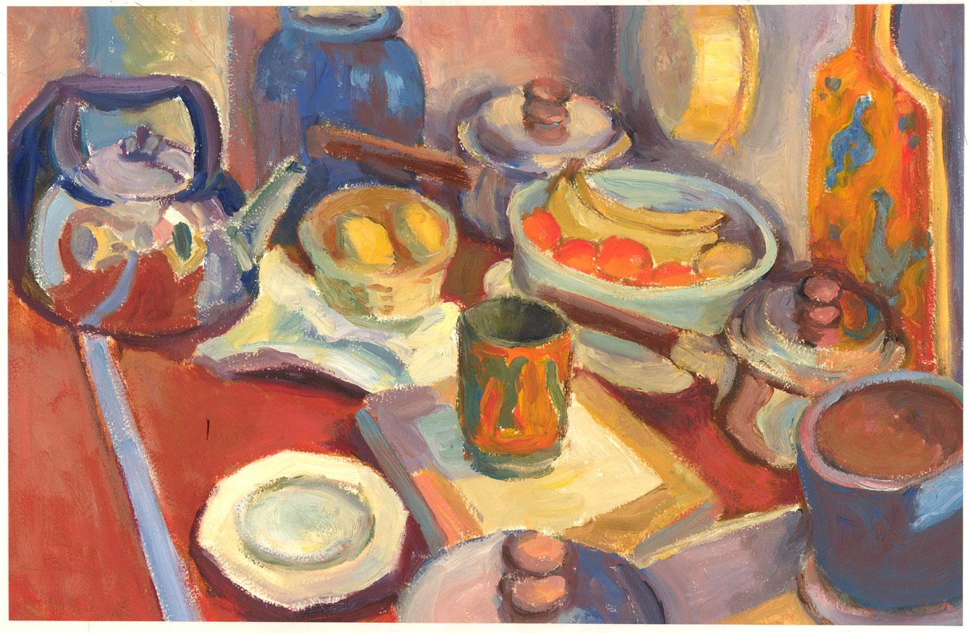 An energetic and rich palette is combined with meandering impasto brush marks to breathe life and vigor into this impressionistic depiction of a cluttered kitchen countertop.

On the reverse is an equally alluring watercolour still life study, which