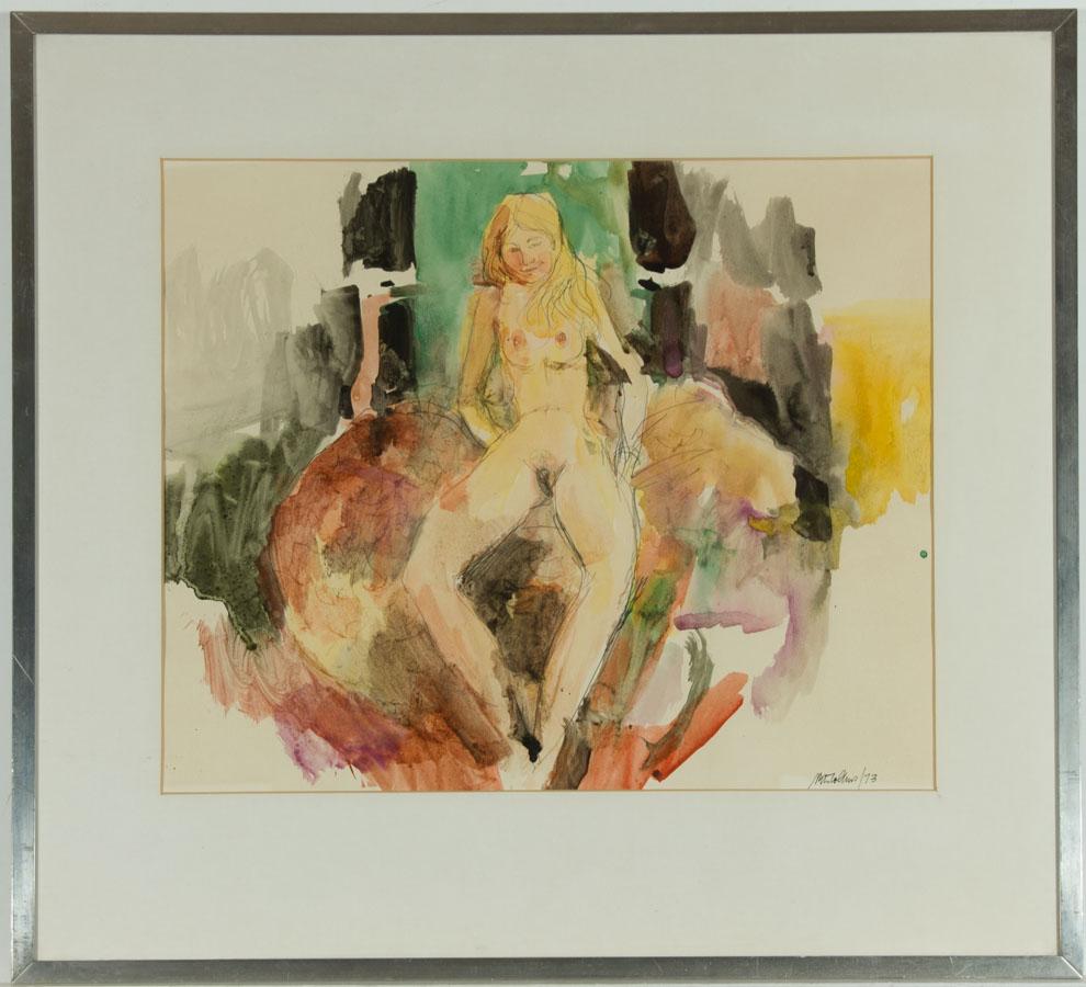 Peter Collins ARCA - Signed and Framed 1973 Watercolour, Female Nude on Bed