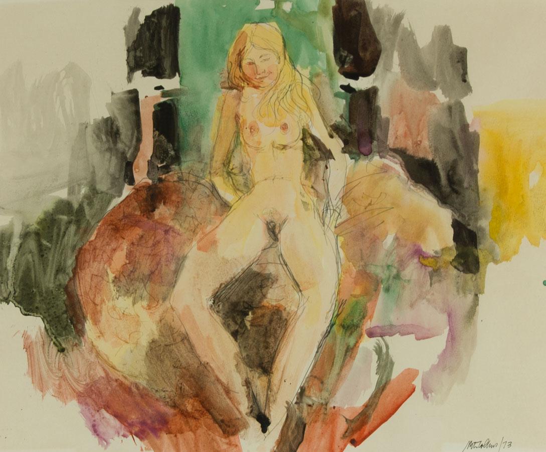 Peter Collins ARCA - Signed and Framed 1973 Watercolour, Female Nude on Bed 1
