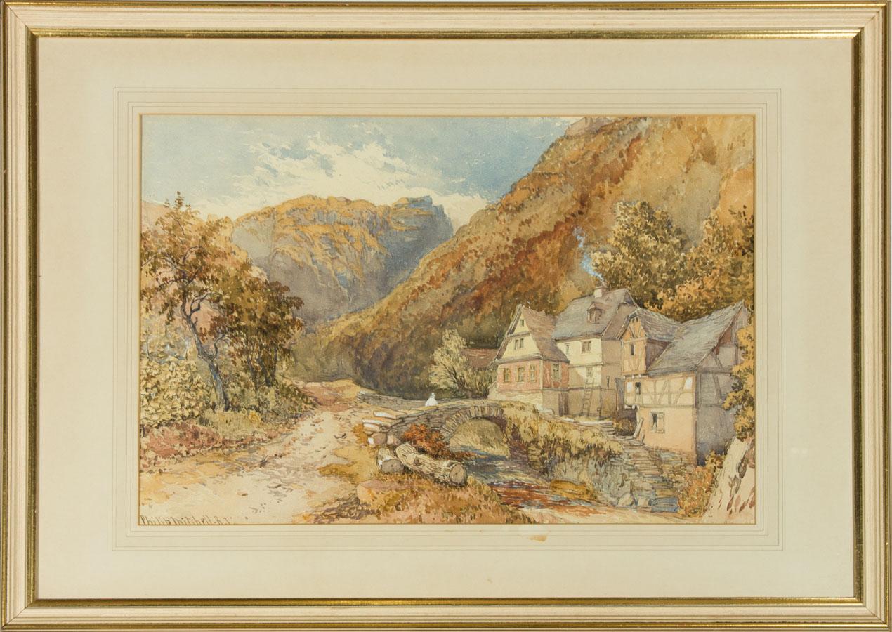 Philip Mitchell RI - Original 19th Century Watercolour. With body colour. Signed lower left. In a washline mount and a cream and gilt frame wooden frame. Signed. Picture is in fine condition. Brown staining to lower edge of washline mount.
