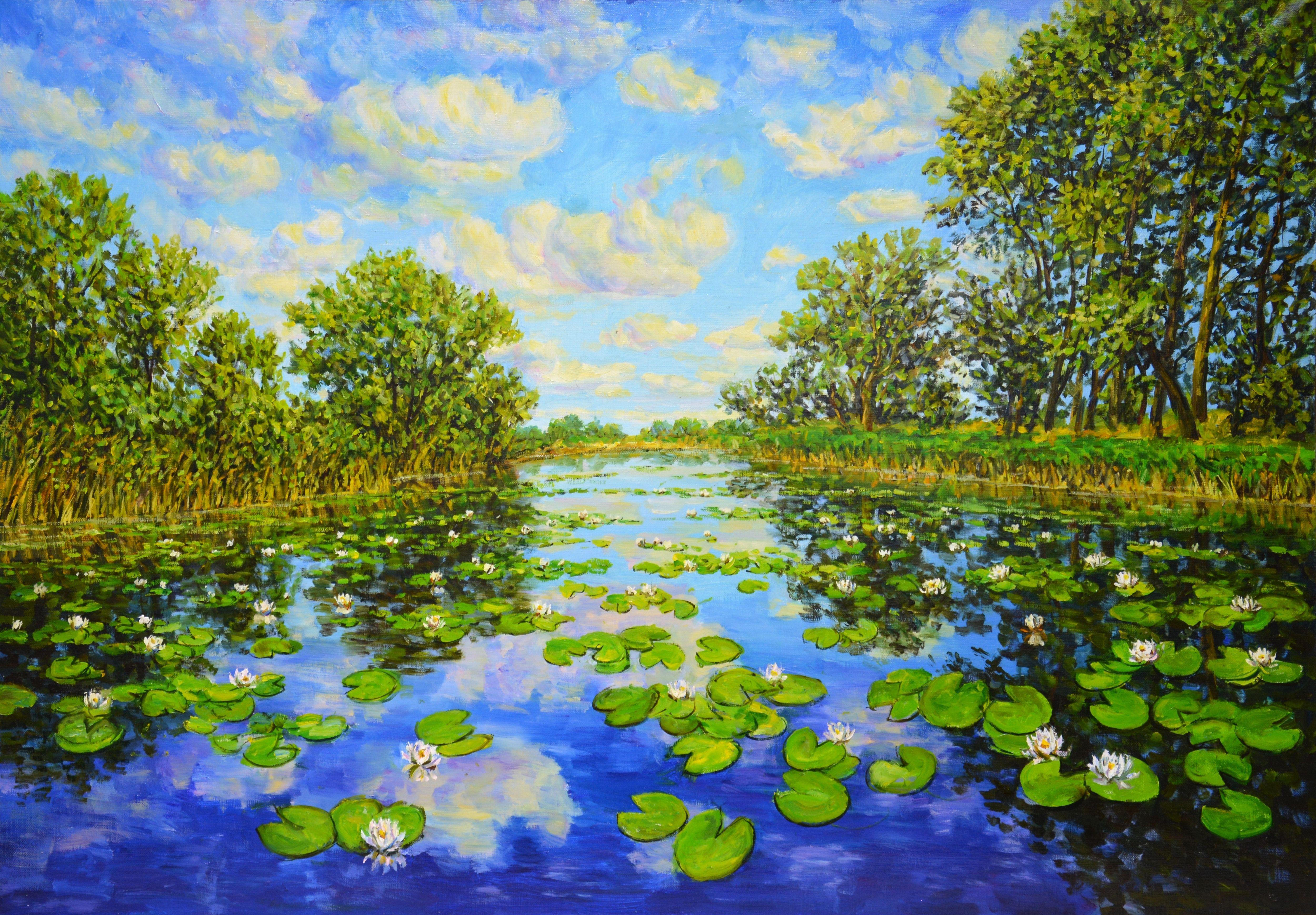 Picture Landscape with water lilies. A rich green palette, lilies on the water, the reflection of the sky in the water, clouds, evoke a feeling of love and gratitude to nature. The picture has good spatial quality, and the colors evoke children's