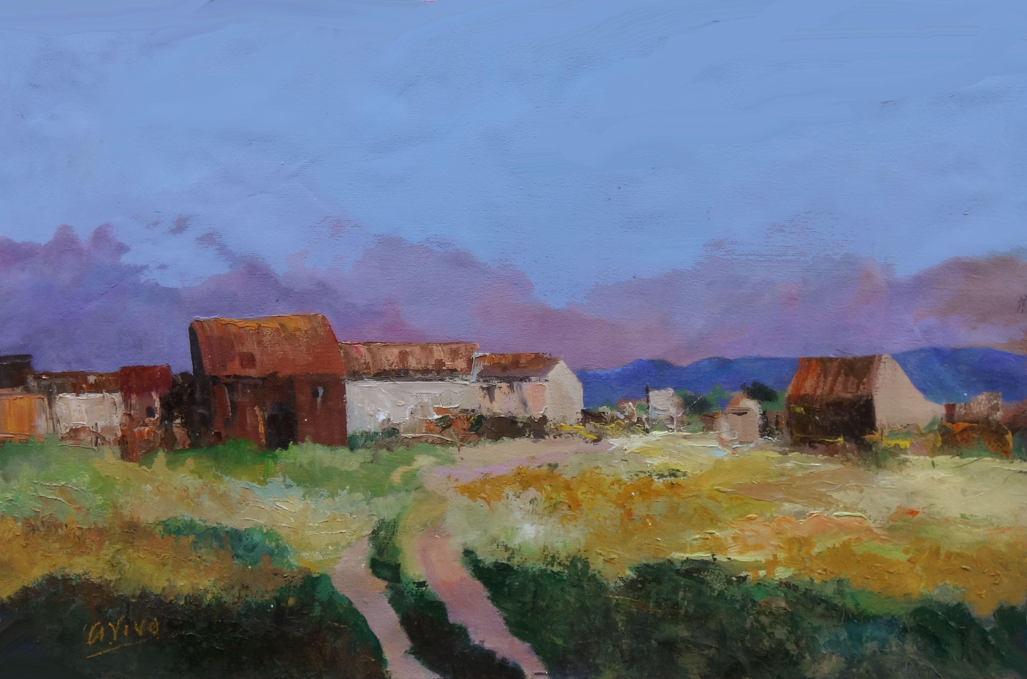 Modest houses at the uruguayan county of Lavalleja. One of the few  landscapes with low hills. :: Painting :: Impressionist :: This piece comes with an official certificate of authenticity signed by the artist :: Ready to Hang: No :: Signed: Yes ::