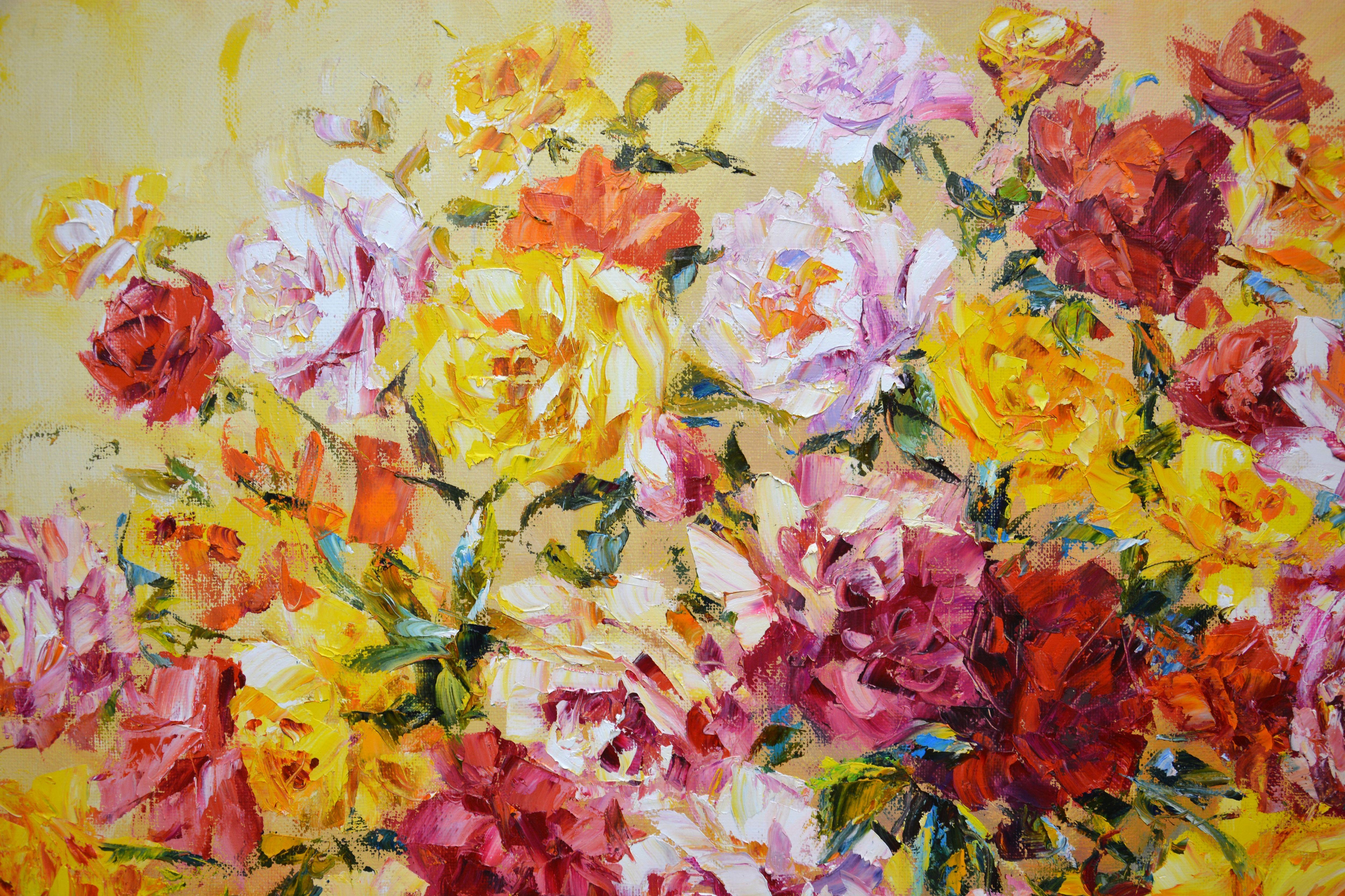 A large bouquet of roses. Every summer my mother has many different flowers of roses and other flowers in the village. It is very beautiful, uplifting and inspiring. I do some small work and then use this material to create an oil painting on a