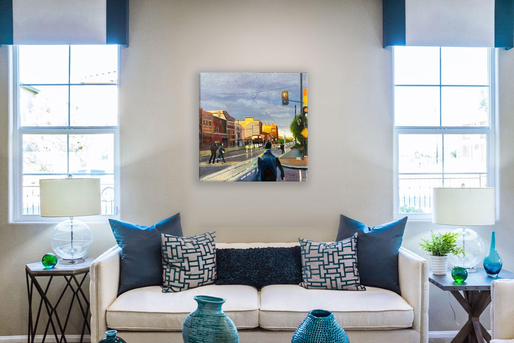 ABOUT THE ART: â€œDusk on H Streetâ€ is a beautiful, expressionistic painting featuring the street behind the home of the artist to capture the cityscape during sunset.    This piece is part of Dennis Crayonâ€™s Urban Routines collection blending