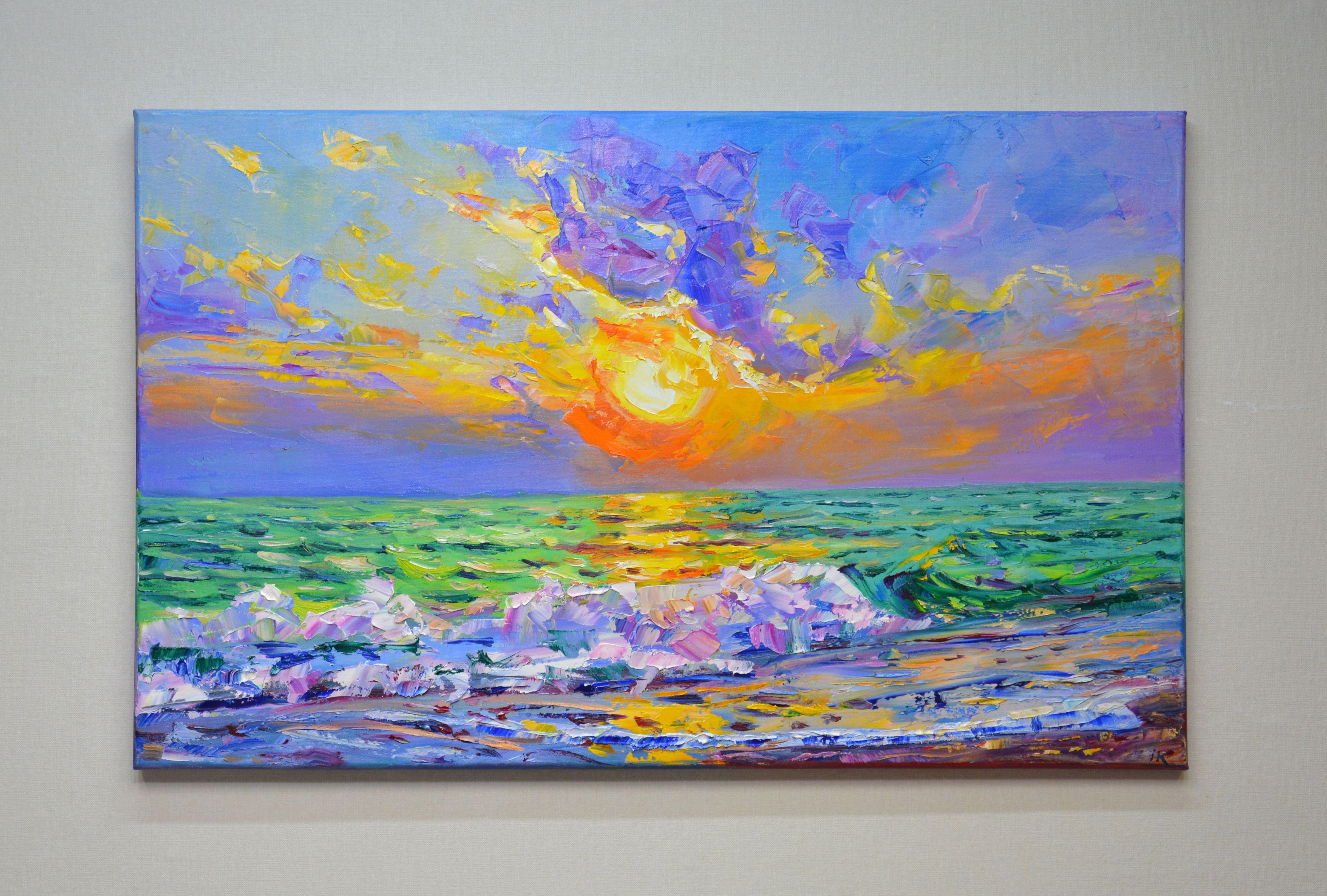 Ocean. Sunset. Water, sky, waves, beach, sand, romance,, impressionism, realism.  Part of an ongoing series of seascapes that capture the luminous qualities of the ocean.  The picture has a good spatial quality, and the colors cause children's