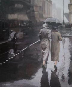 " Promeneuse sous la pluie", Painting, Oil on Canvas