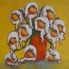 Egg flowers in fiery orange vase, Painting, Oil on Canvas