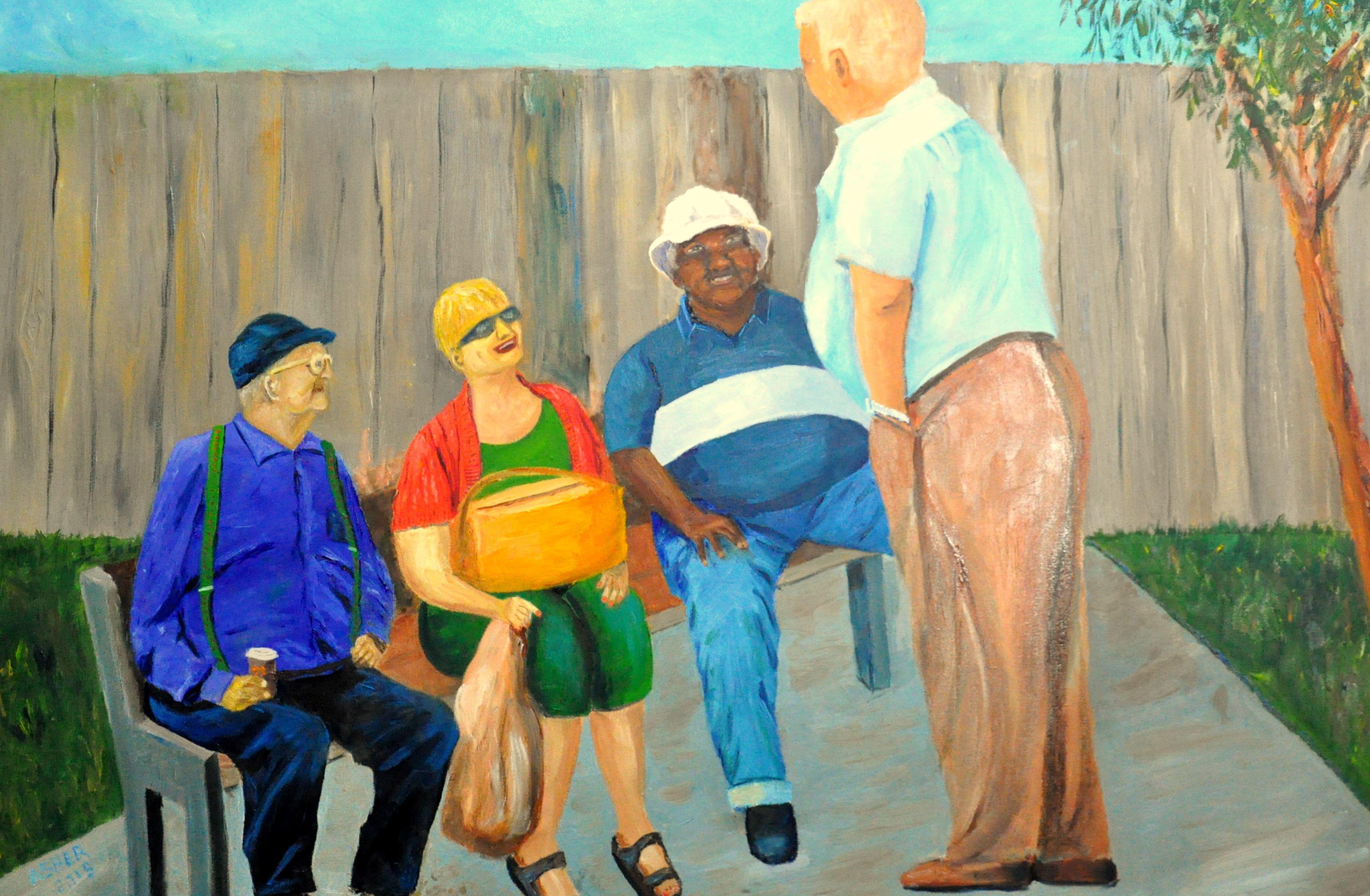 Meeting between pensioners, a chat with friends :: Painting :: Folk Art :: This piece comes with an official certificate of authenticity signed by the artist :: Ready to Hang: Yes :: Signed: Yes :: Signature Location: in front  :: Canvas ::