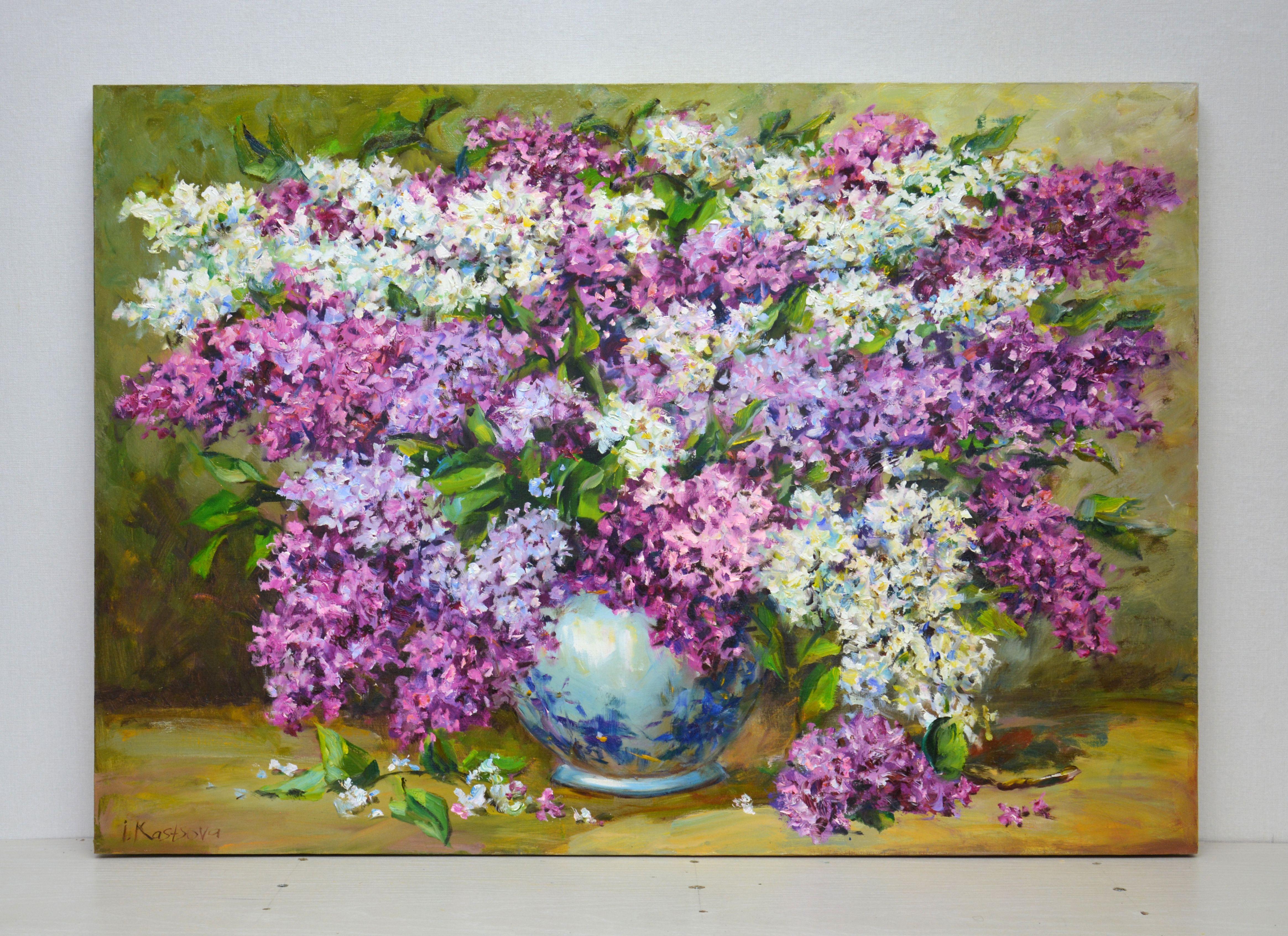 Luxurious bouquet of white and pink, purple lilac in a blue vase on a gray-greenish background.  Part of an ongoing series of floral still lifes. The picture has a good spatial quality, and bright colors cause children's happiness. In the style of