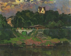 Town on the river, Painting, Oil on Canvas