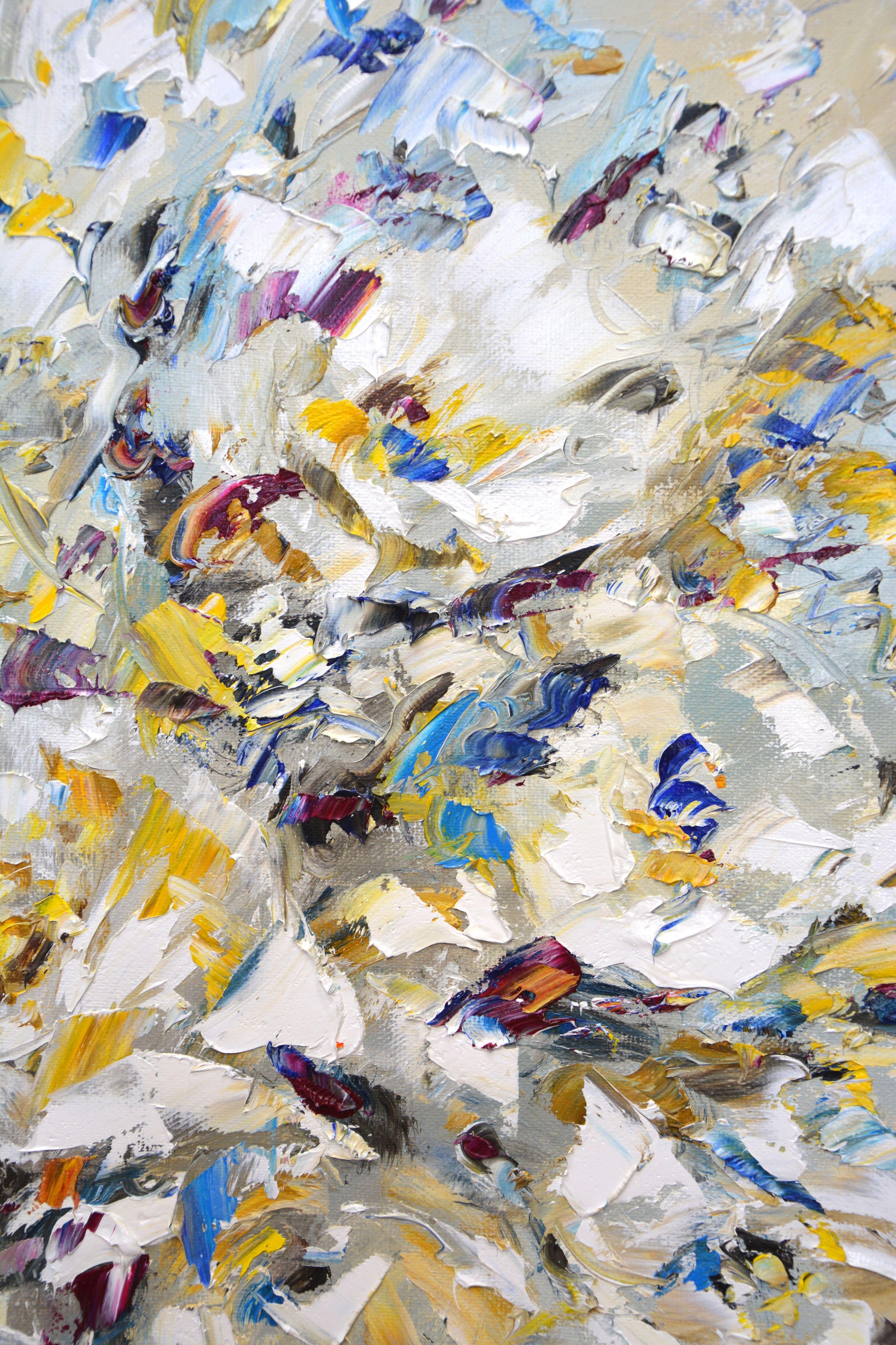 Abstract painting. Abstract bouquet. Light colors of yellow, gray and white, yellow, blue of a certain shape, scattered on the canvas with a spatula, are vigorously mixed on the palette. Painting is a way to show the wonders of different sides of