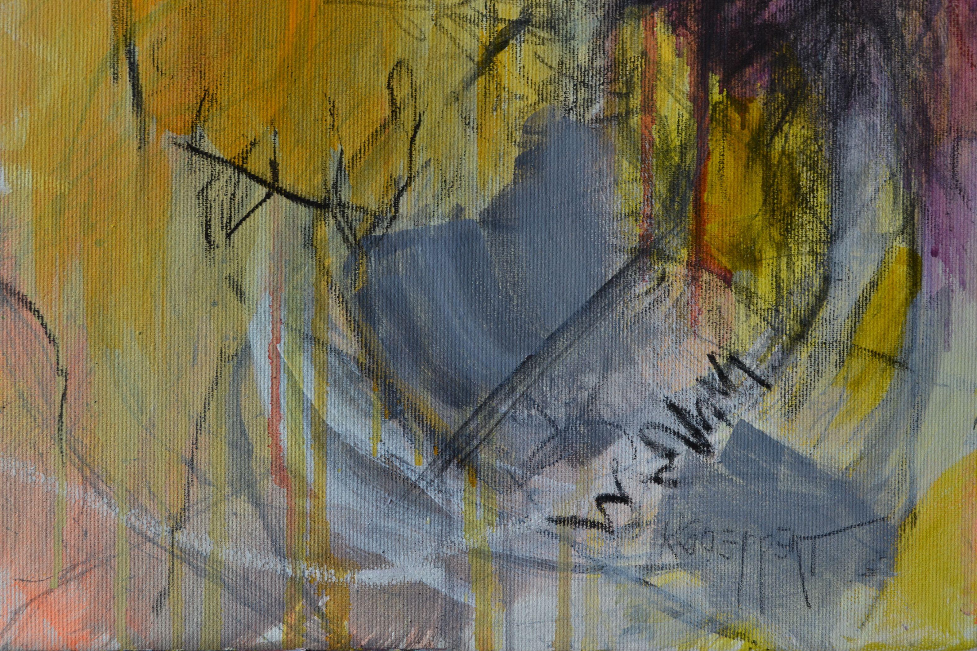 Un fresco quadro astratto di medie dimensioni con colori brillanti, forme e linee interessanti.    Ho lavorato con colori acrilici, pastello a olio e carboncino su tela.    L'opera è protetta da una vernice lucida professionale.  I lati della tela