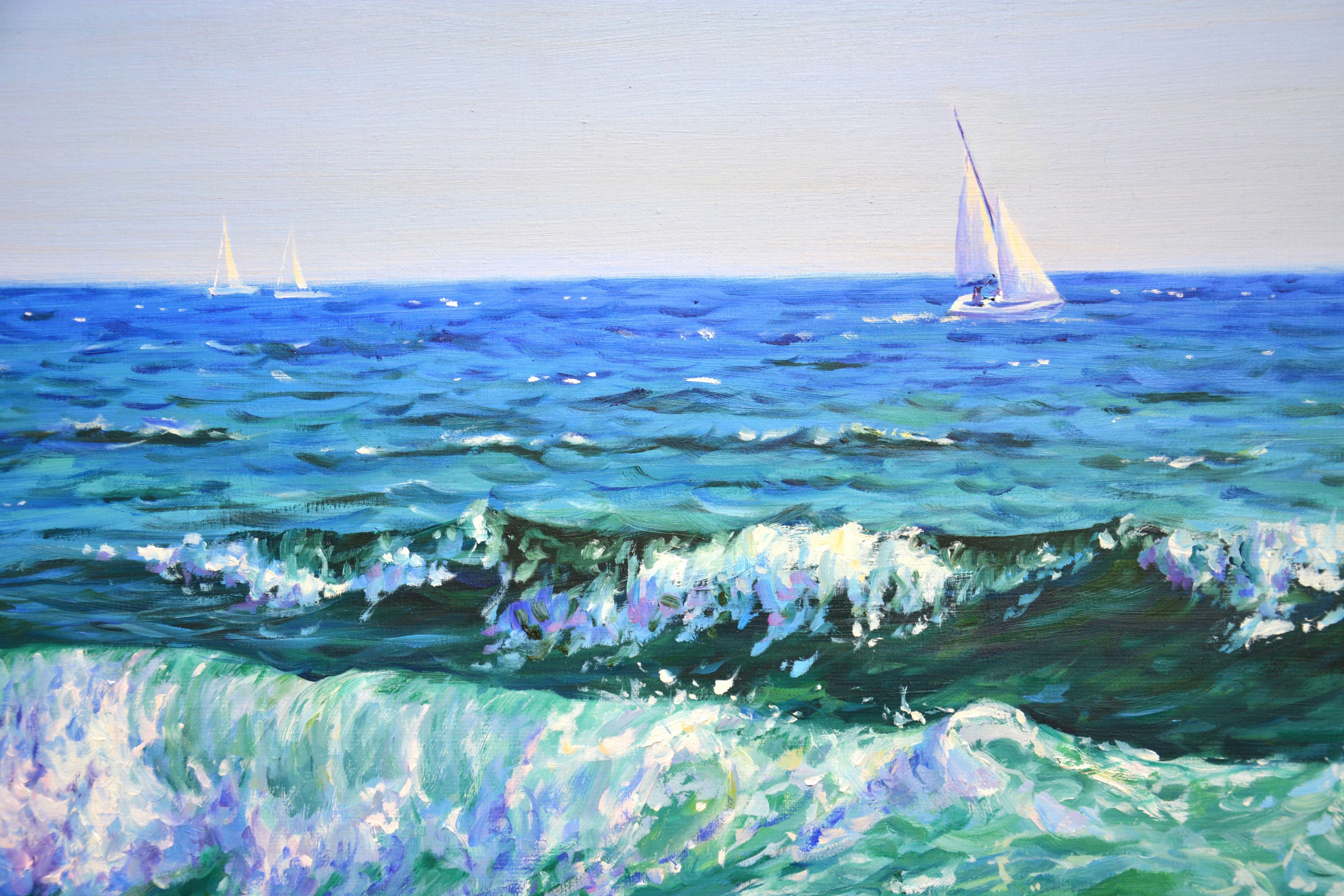 Impressionist scene with a day regatta. Stunning waves, luminous qualities of the ocean and stunning sky above your head, cause a feeling of love and gratitude to nature. While traveling I study a lot of the sea and the ocean. Then, in the workshop,