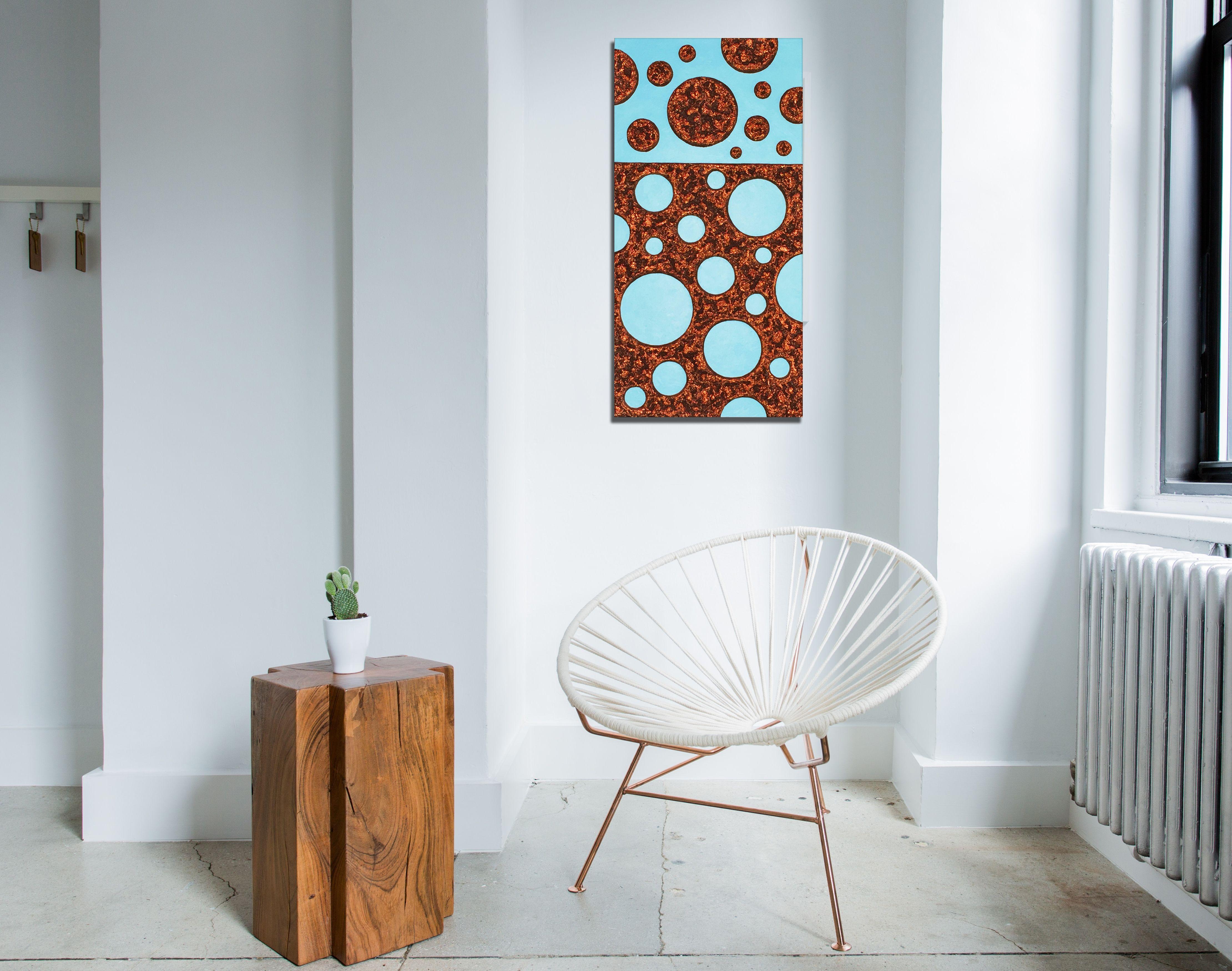 Painting:Â AcrylicÂ on Canvas.  Clyston is a sophisticated work of heavily textured abstract art. The rich copper texture combines with a light blue background to form an elegantly understated piece.??Signed on the lower right side.?Gallery wrapped