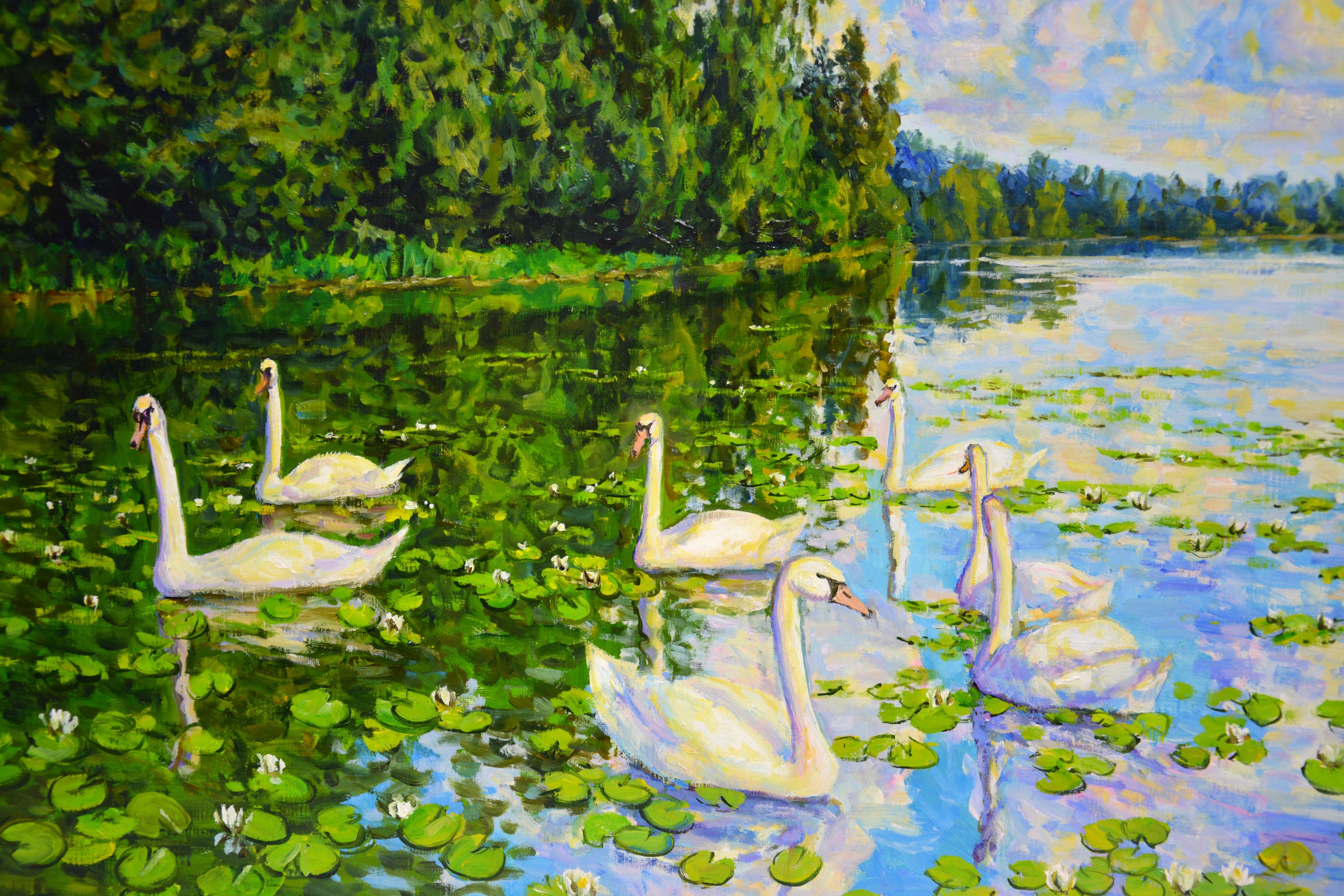 Painting Lake. Swans: a rich palette of green, white swans on the lake, the reflection of the sky in the water, clouds, evoke a feeling of love and gratitude to nature. The picture has good spatial quality and the colors make children happy. Oil