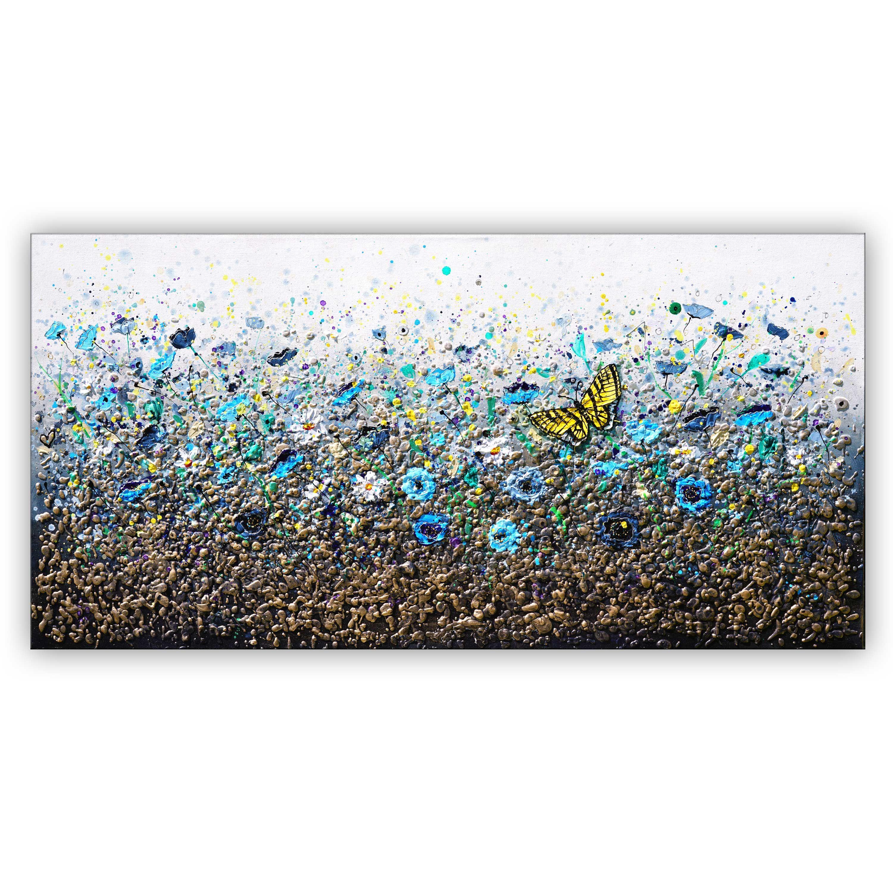 Painting: Acrylic on Canvas.    Original painting of Blue abstract floral painting with a Swallowtail Butterfly.    A textured canvas painting, painted with thick paint using a palette knife, brushes, fingers and sponges    TITLE: Swallowtail