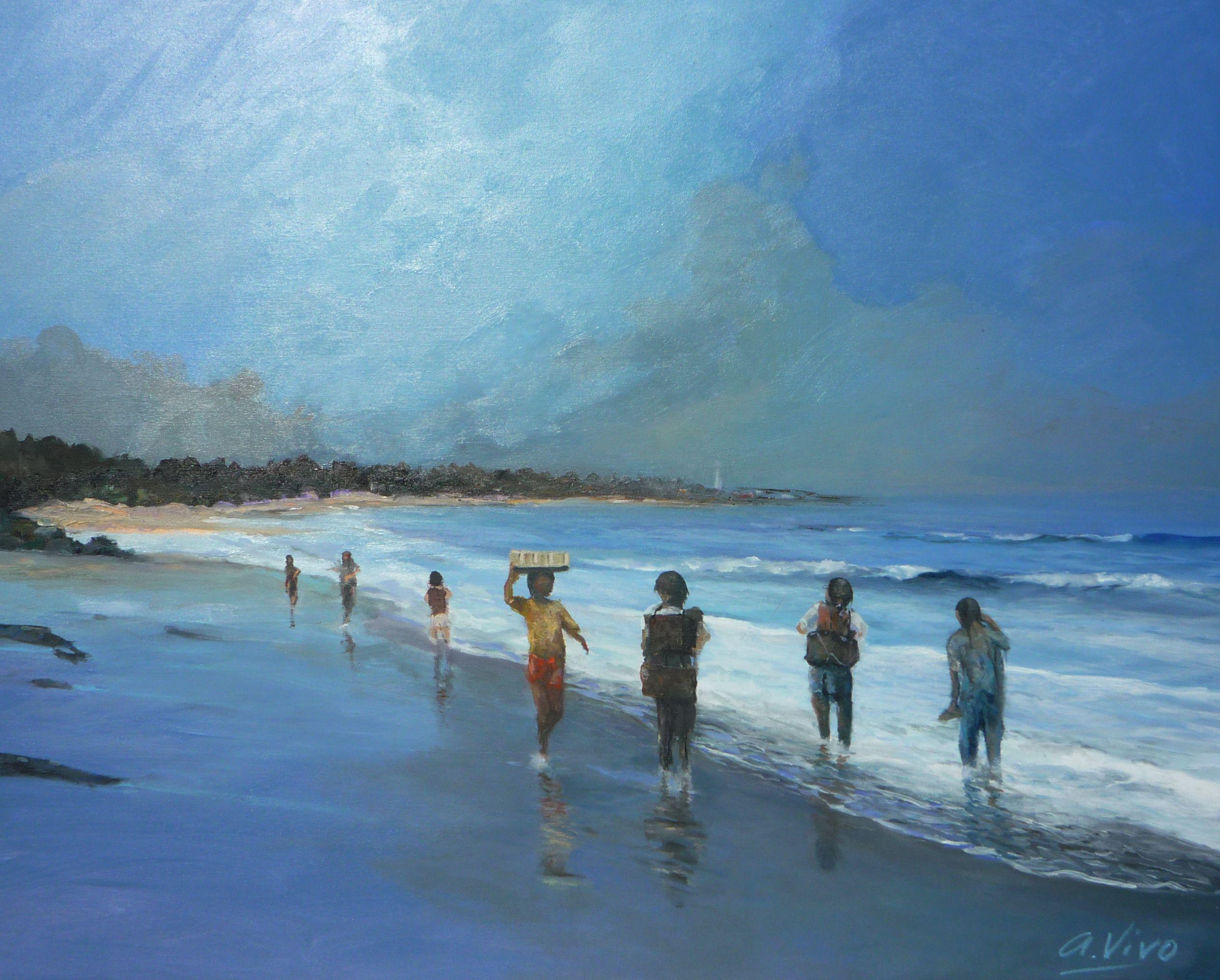 3950 Los mochileros y el pescador, Pittura, Olio su tela - Painting di Andres Vivo