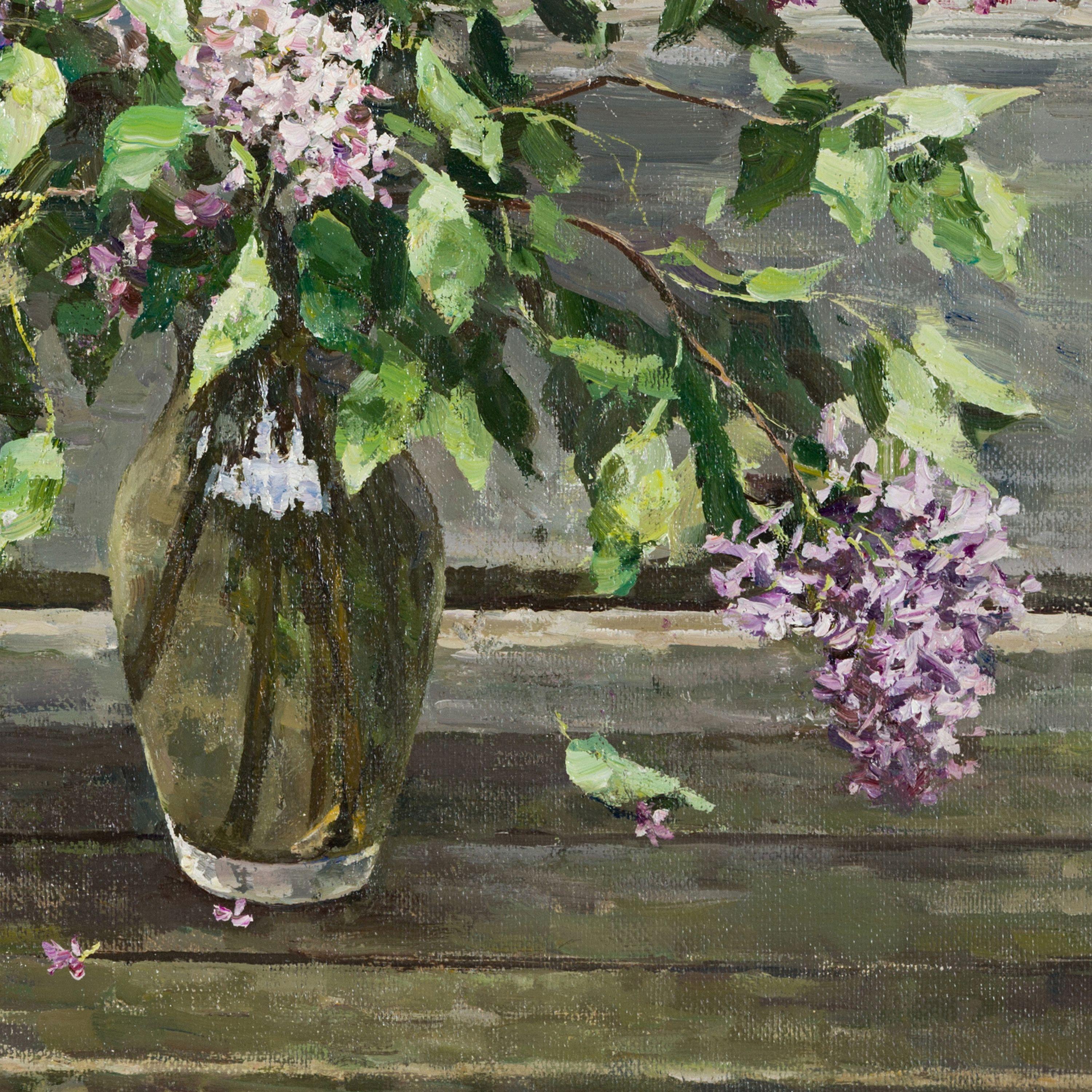 Title: Still Life with Lilac;  Year created: 2020;  Medium and support: Oil on canvas;  Dimensions: h 46,5 cm Ã— w 50,5 cm Ã— d 3 cm. :: Painting :: Realism :: This piece comes with an official certificate of authenticity signed by the artist ::