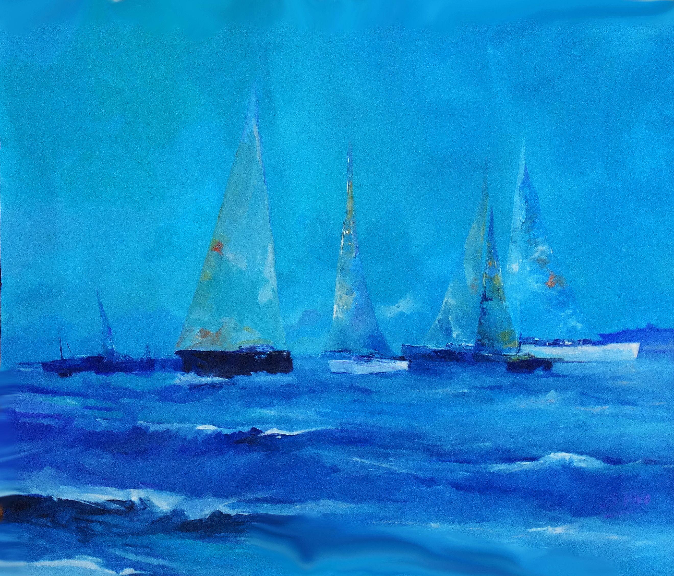 Sailing competition or regata :: Painting :: Impressionist :: This piece comes with an official certificate of authenticity signed by the artist :: Ready to Hang: No :: Signed: No ::  :: Canvas :: Landscape :: Original :: Framed: No
