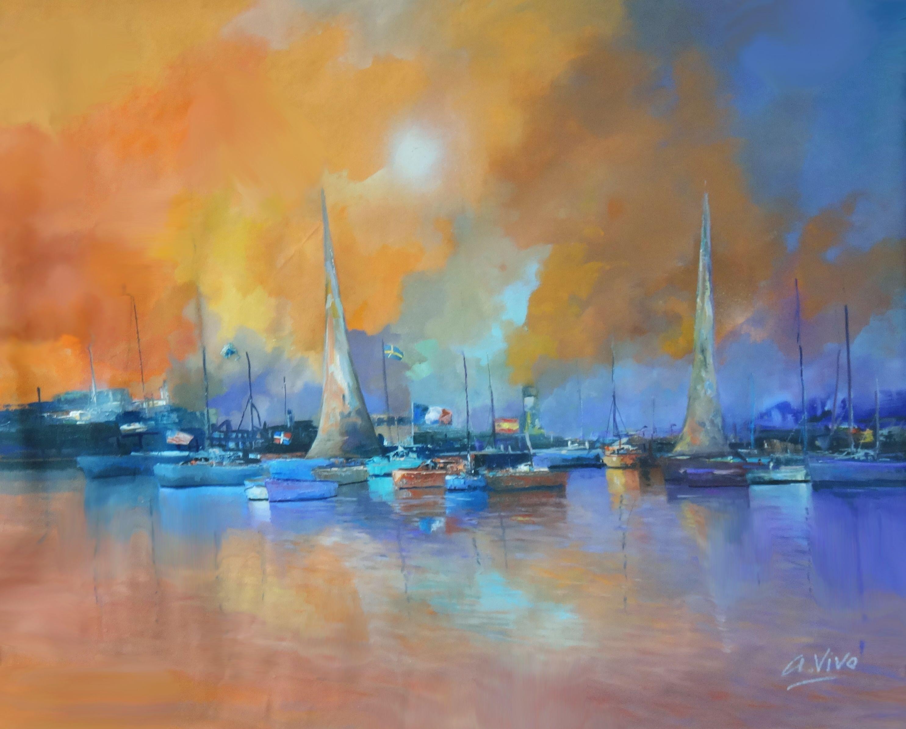 Before an international regatta all the ships showing with great pride their flags. :: Painting :: Impressionist :: This piece comes with an official certificate of authenticity signed by the artist :: Ready to Hang: No :: Signed: Yes :: Signature